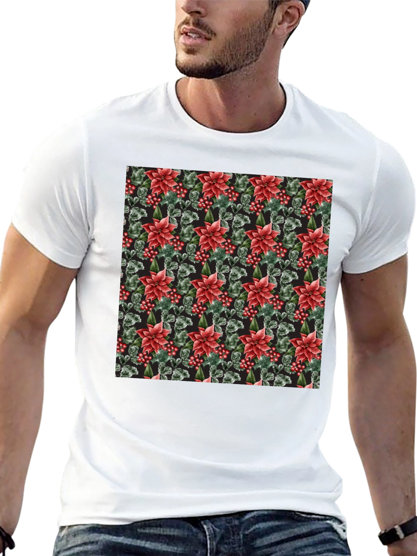 Floral Poinsettia Print Black T-Shirt