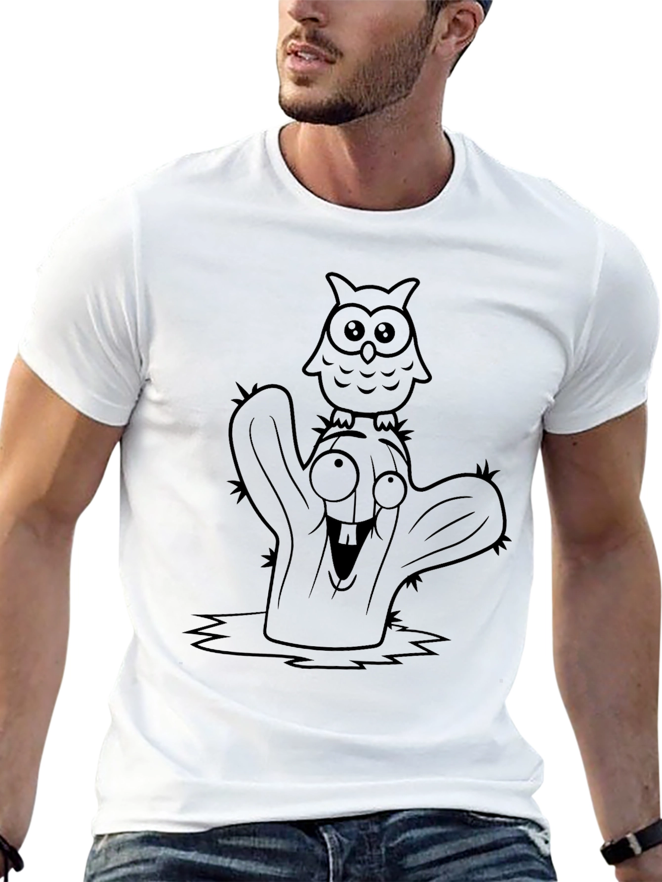 Cartoon Owl Cactus Black T-Shirt