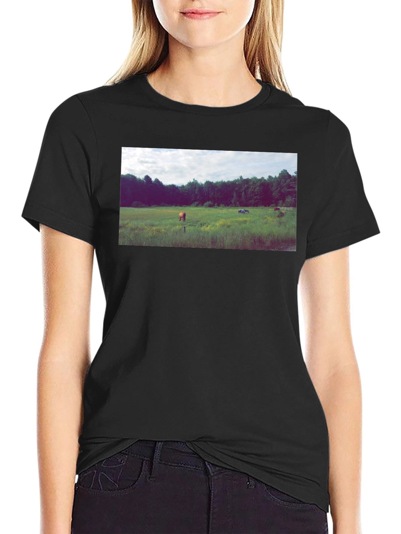 Black Tee with Scenic Meadow Graphic