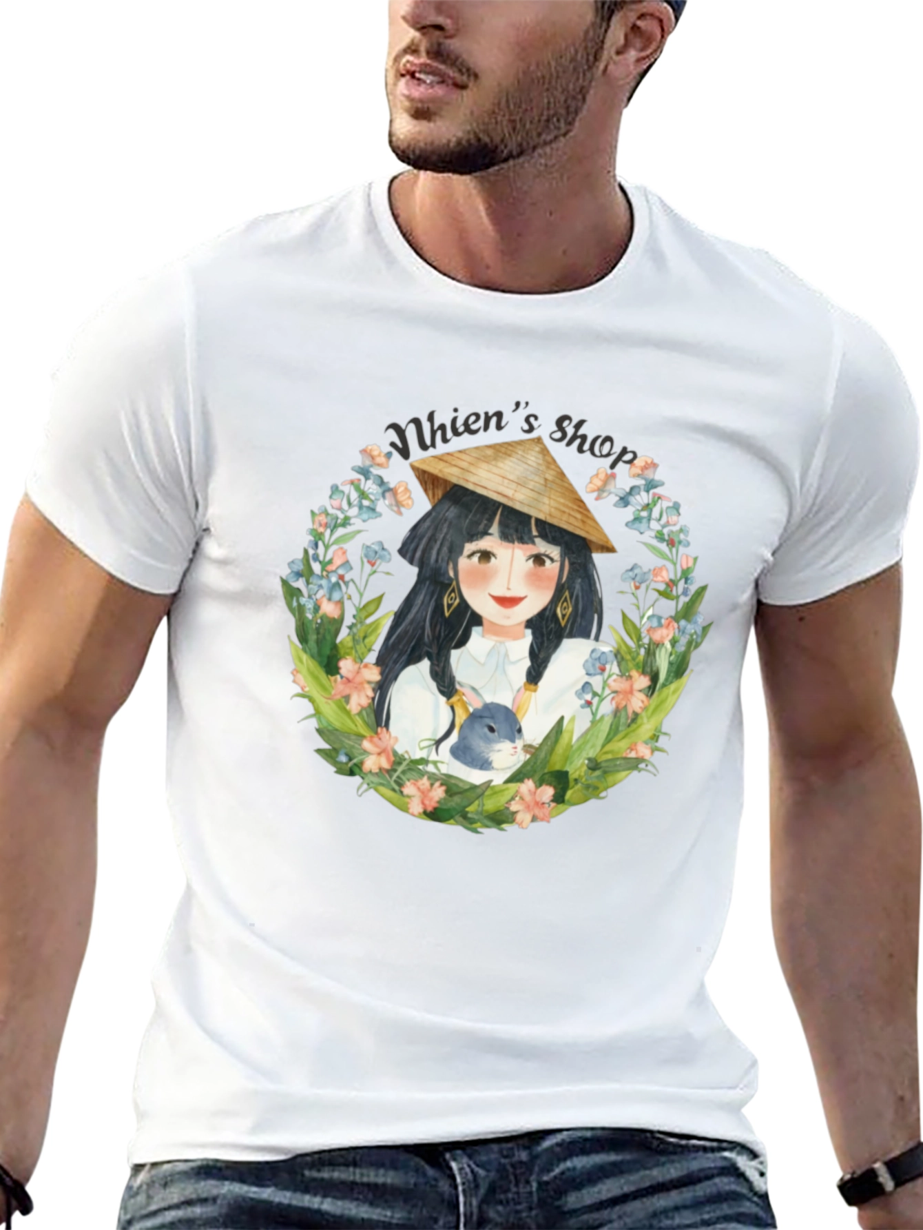 Whimsical Girl with Rabbit Black T-Shirt
