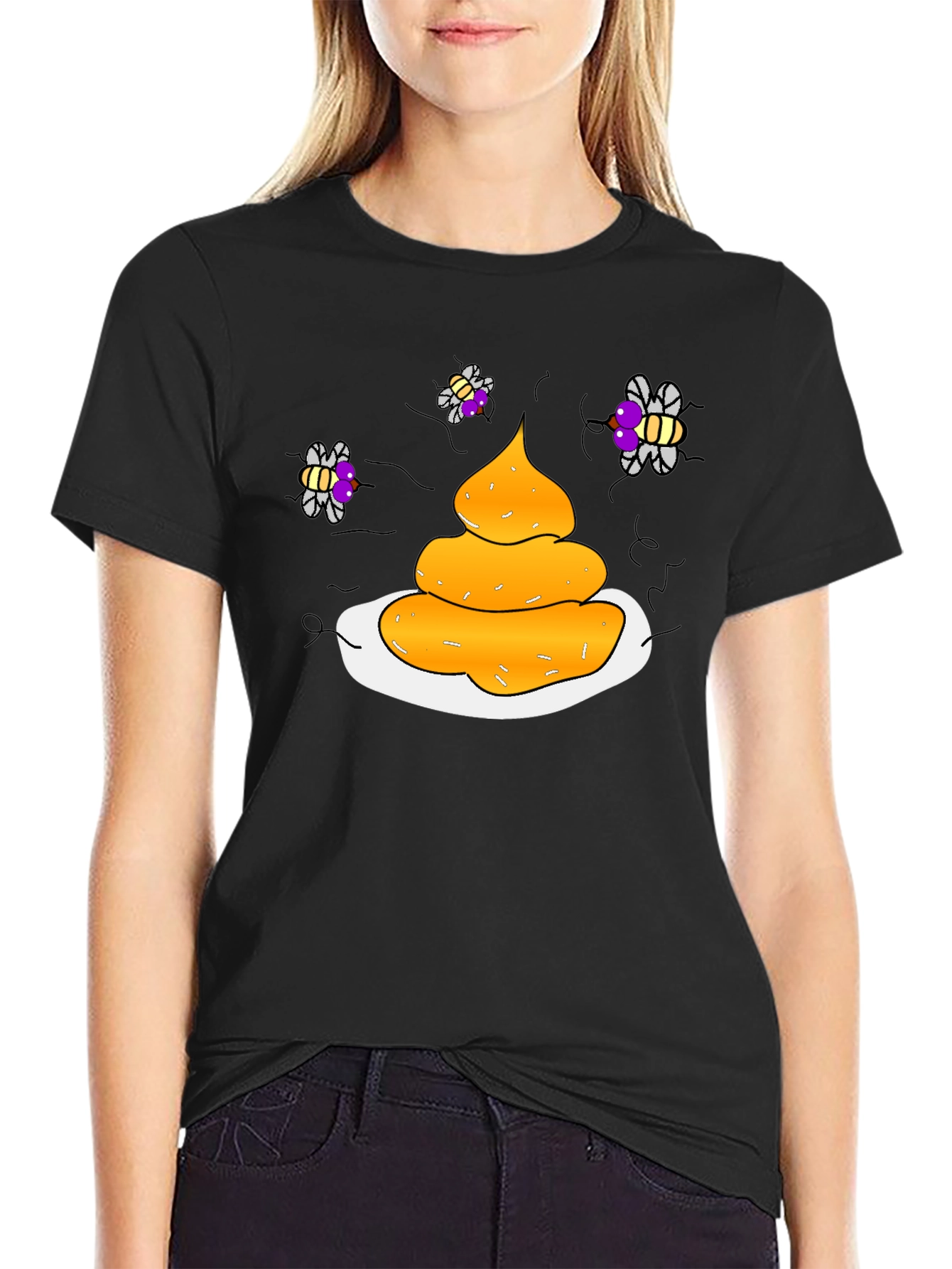 Humorous Black T-Shirt with Poop & Fly Graphic