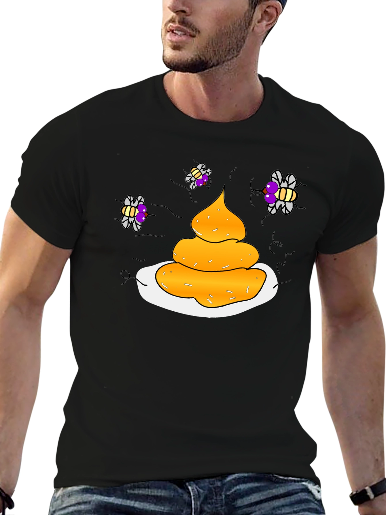 Humorous Black T-Shirt with Poop & Fly Graphic