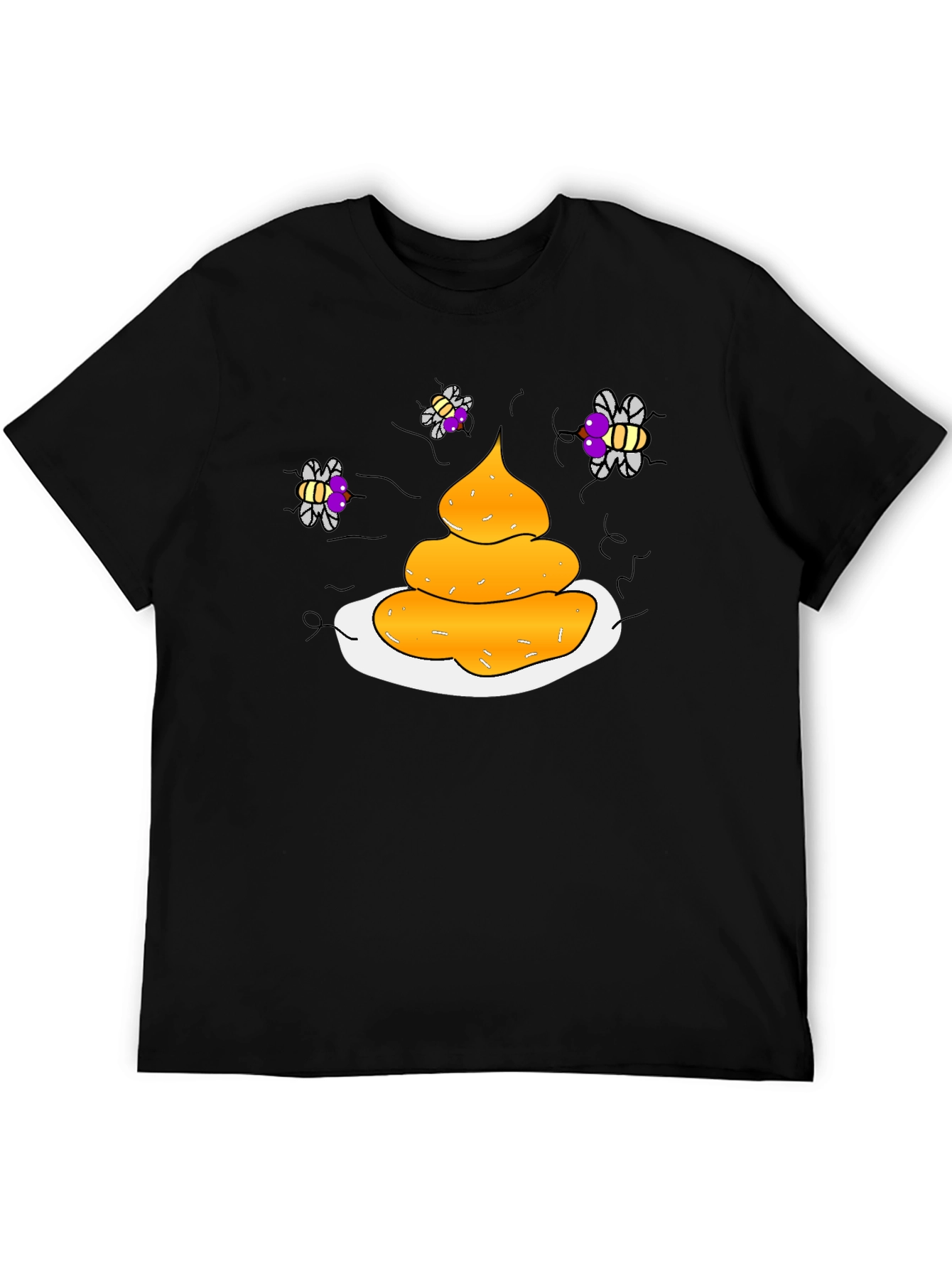 Humorous Black T-Shirt with Poop & Fly Graphic