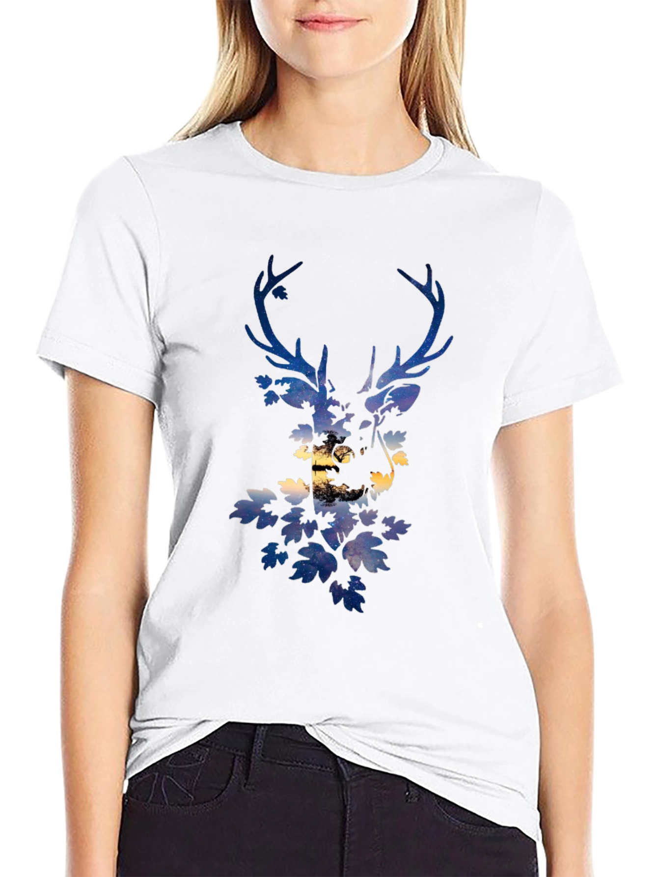 Deer Silhouette Graphic Print Black T-Shirt