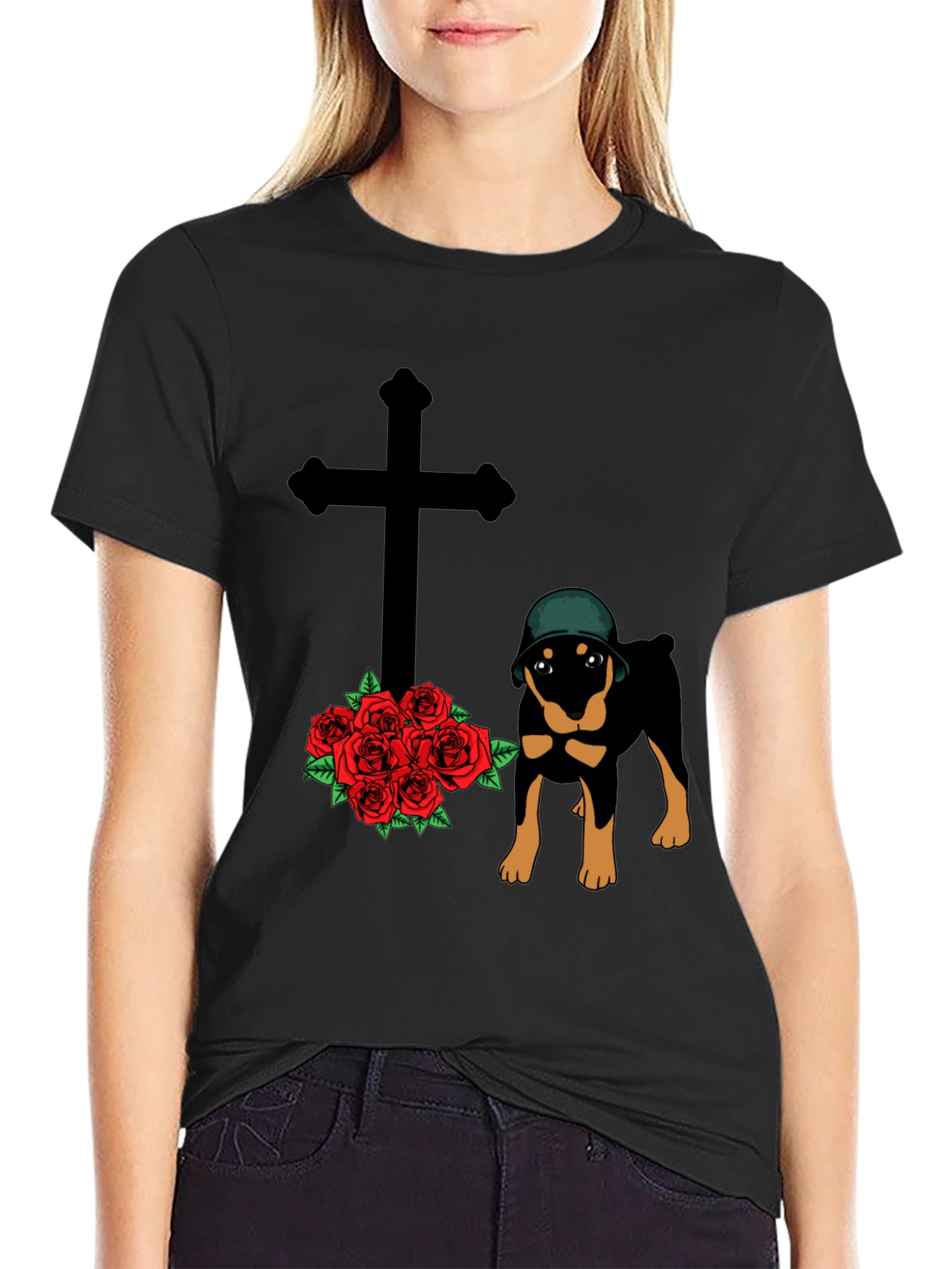 Rottweiler Dog T-Shirt with Cross and Roses Graphic