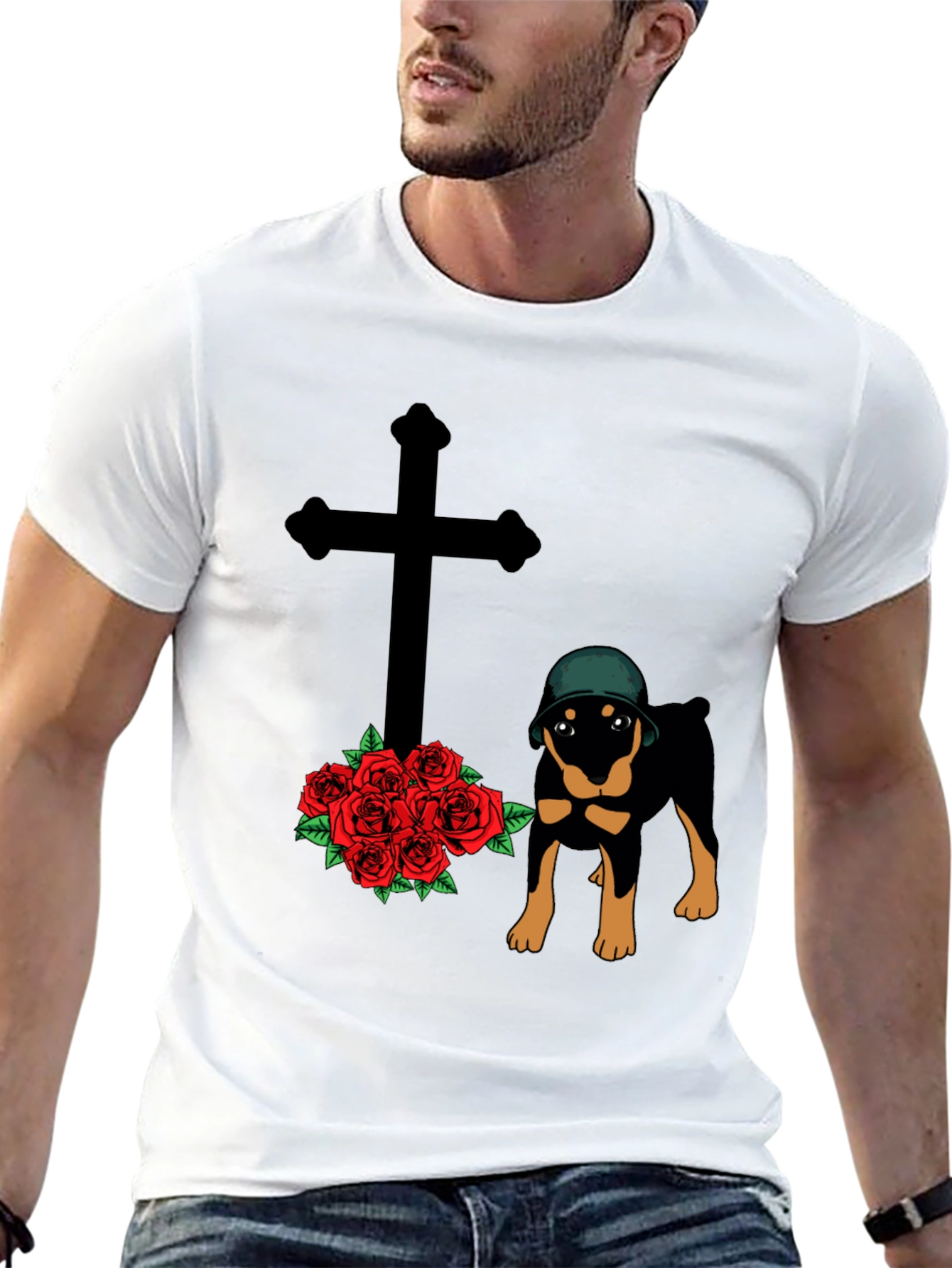 Rottweiler Dog T-Shirt with Cross and Roses Graphic