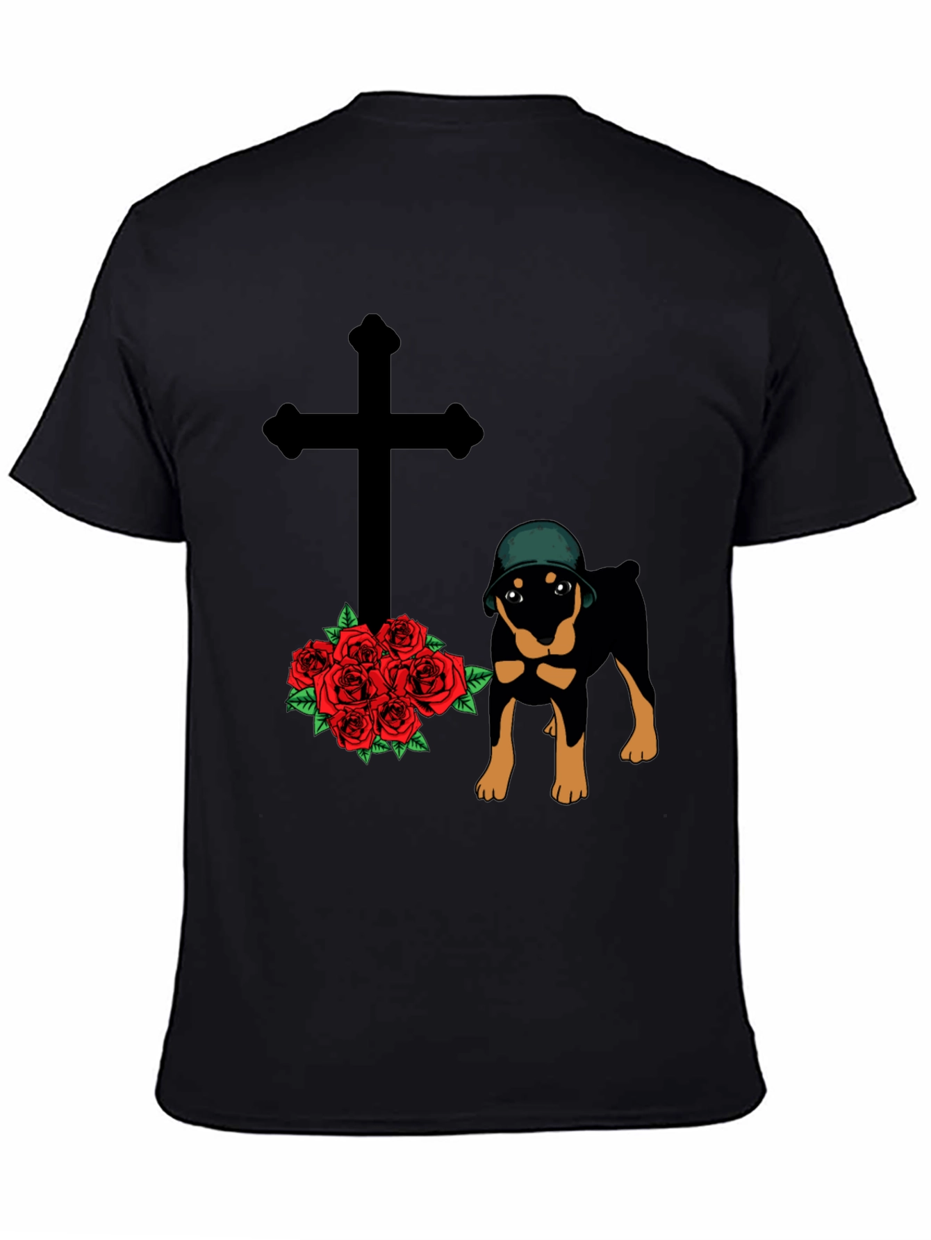 Rottweiler Dog T-Shirt with Cross and Roses Graphic