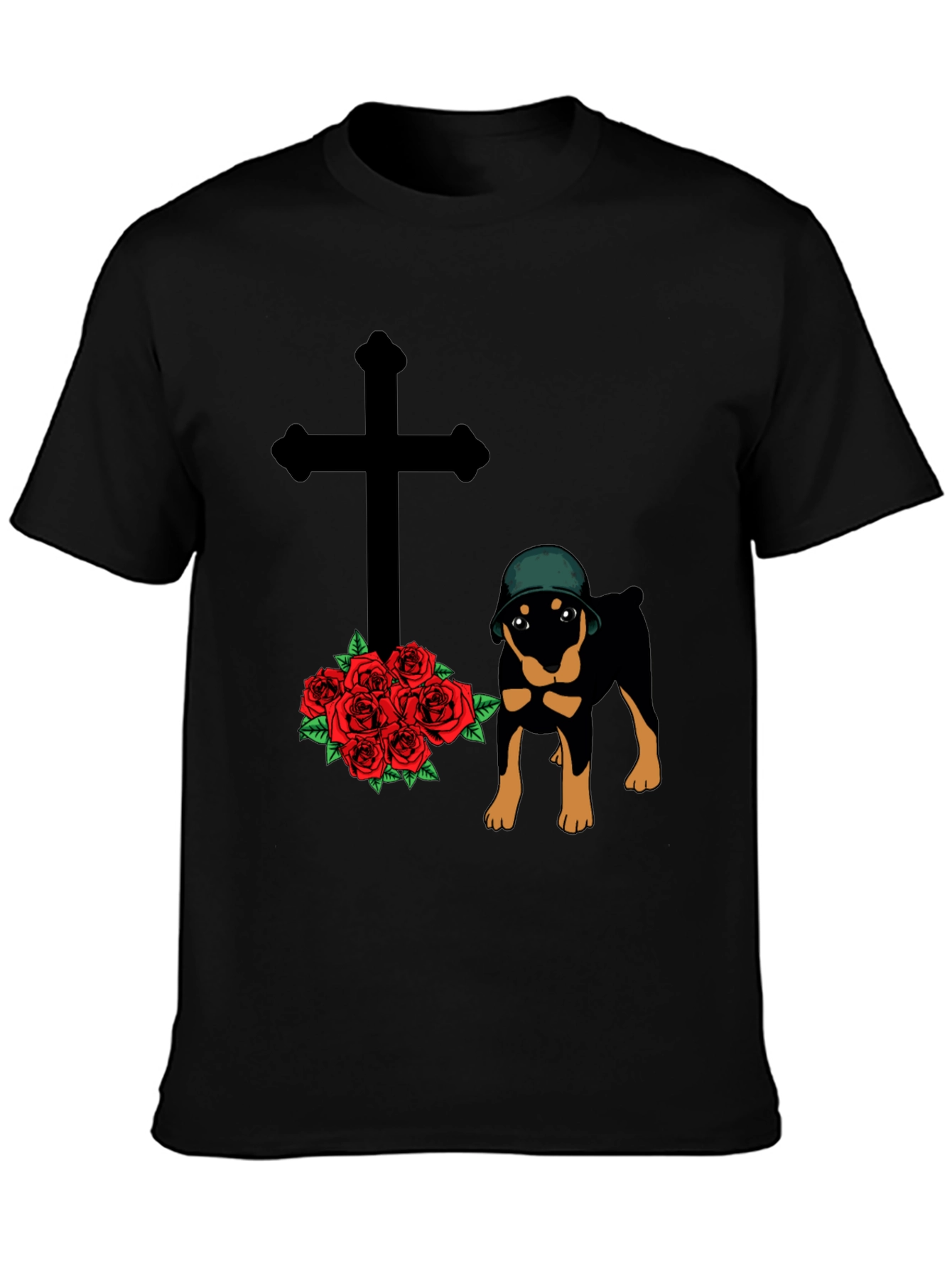 Rottweiler Dog T-Shirt with Cross and Roses Graphic