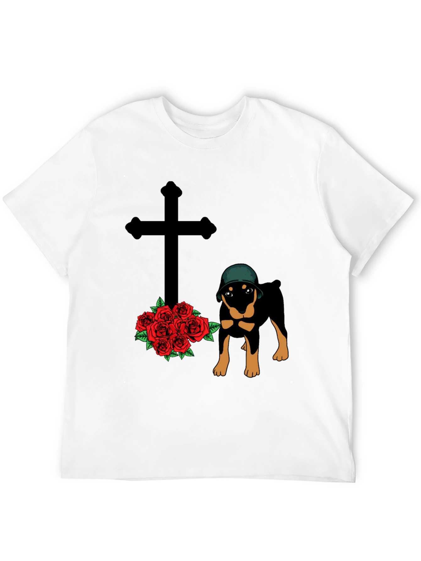 Rottweiler Dog T-Shirt with Cross and Roses Graphic