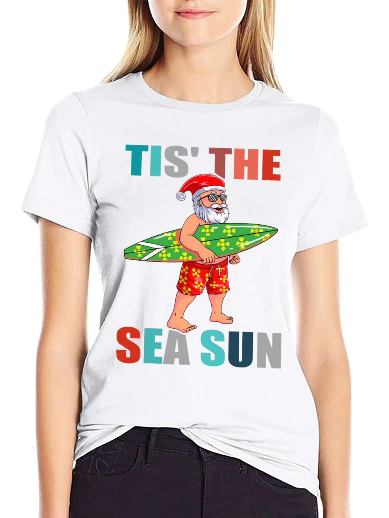 Tis The Sea Sun Santa Surfer T-Shirt