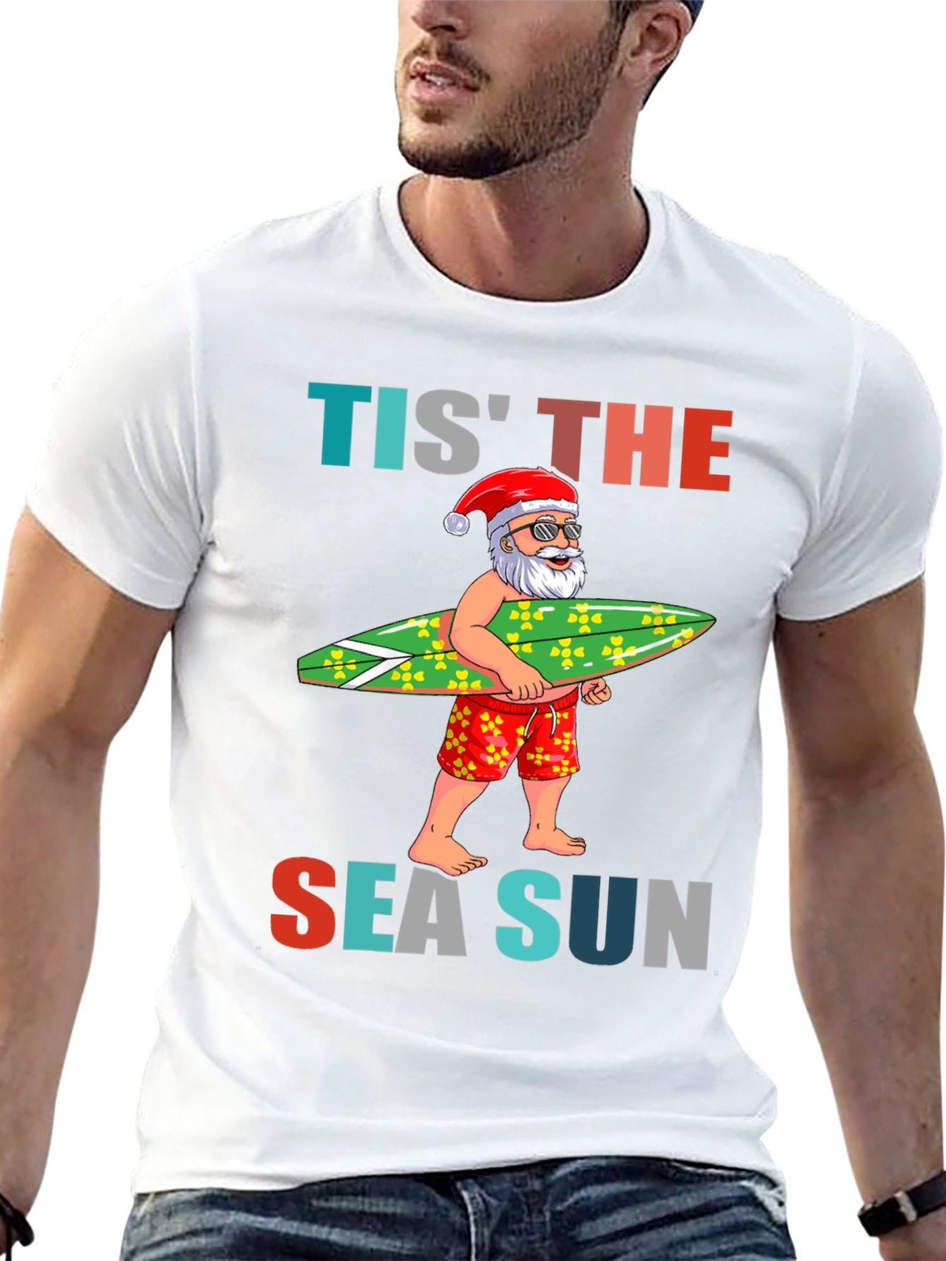 Tis The Sea Sun Santa Surfer T-Shirt