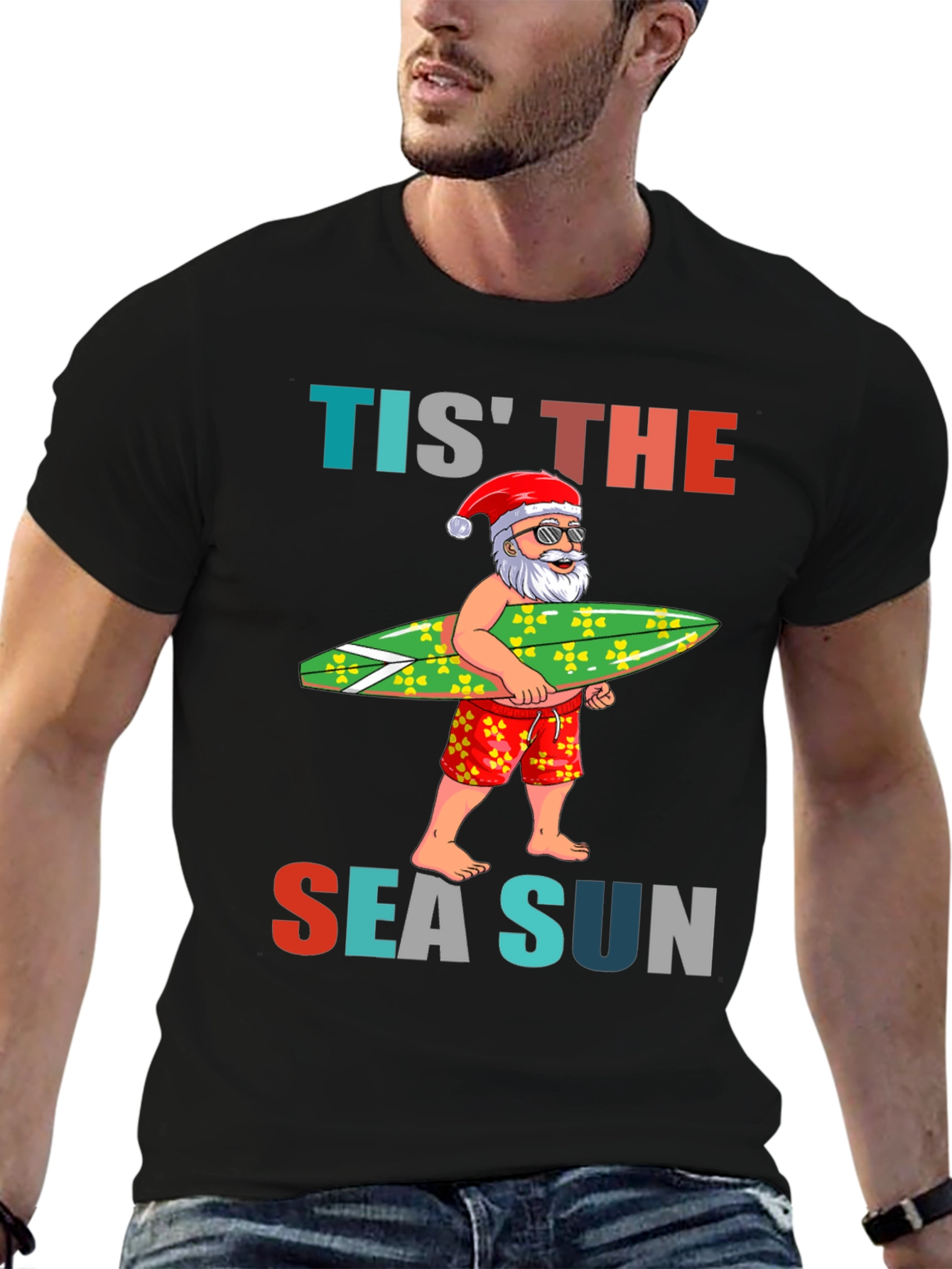 Tis The Sea Sun Santa Surfer T-Shirt