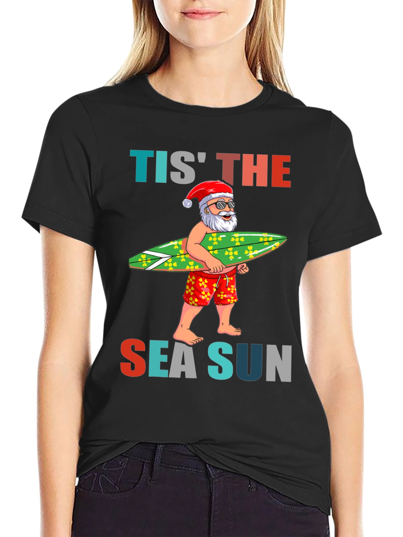 Tis The Sea Sun Santa Surfer T-Shirt