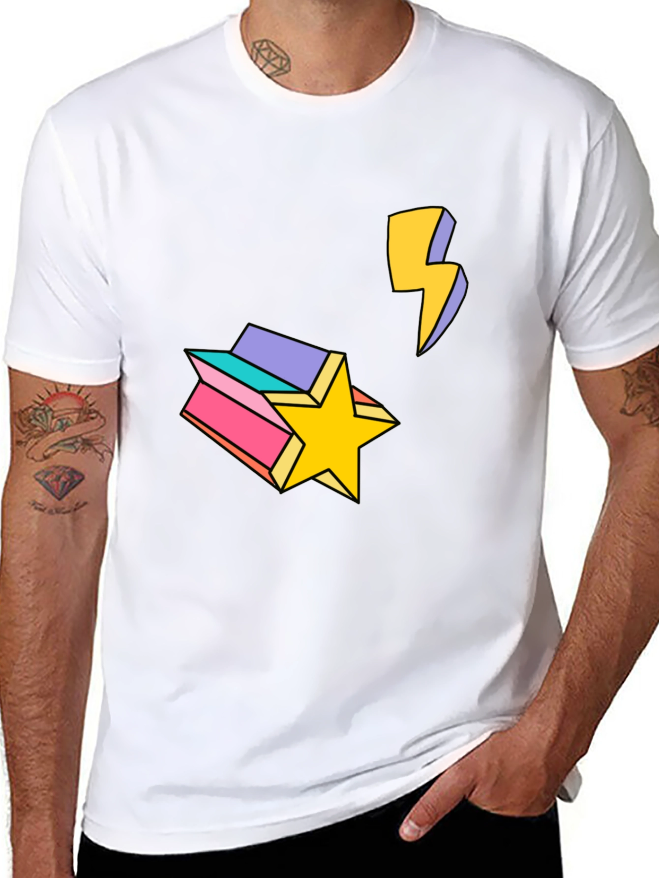 Retro Star & Lightning Bolt Graphic Tee - Black