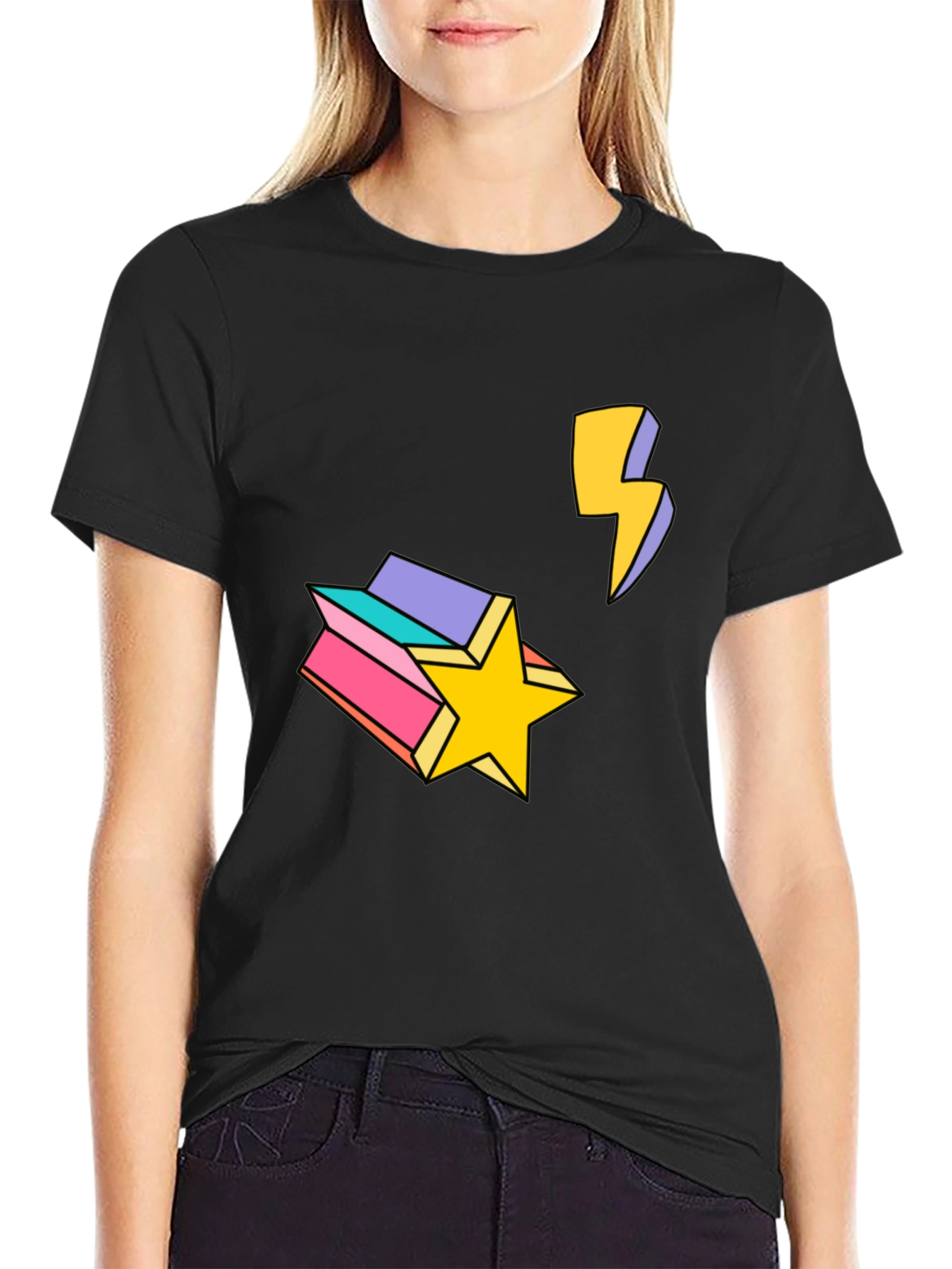 Retro Star & Lightning Bolt Graphic Tee - Black