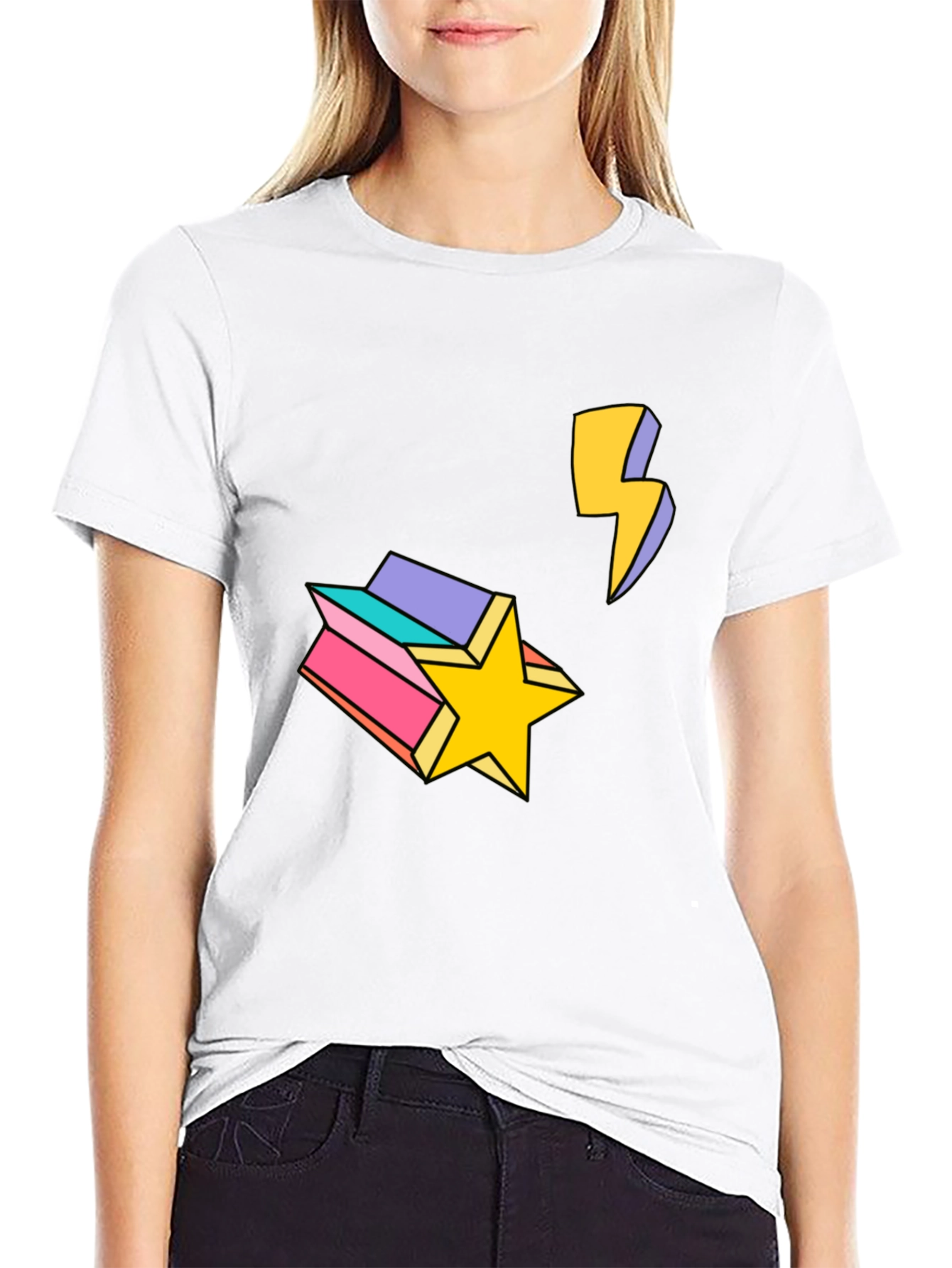 Retro Star & Lightning Bolt Graphic Tee - Black
