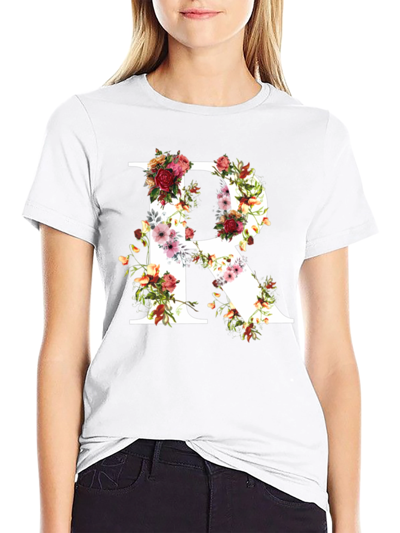 Floral Letter R Black T-Shirt