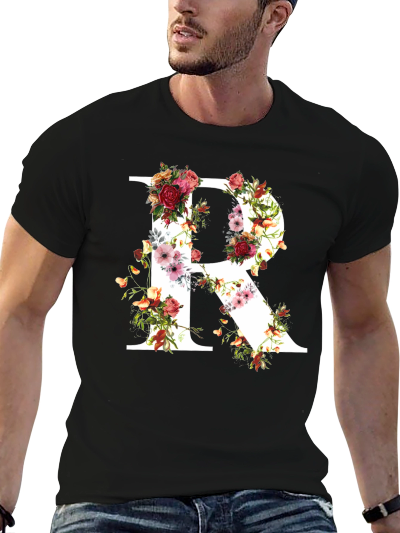 Floral Letter R Black T-Shirt