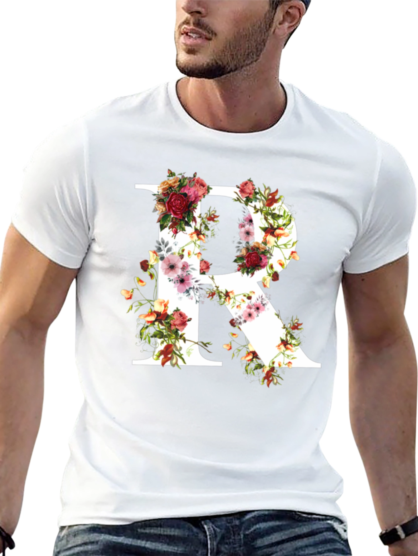 Floral Letter R Black T-Shirt