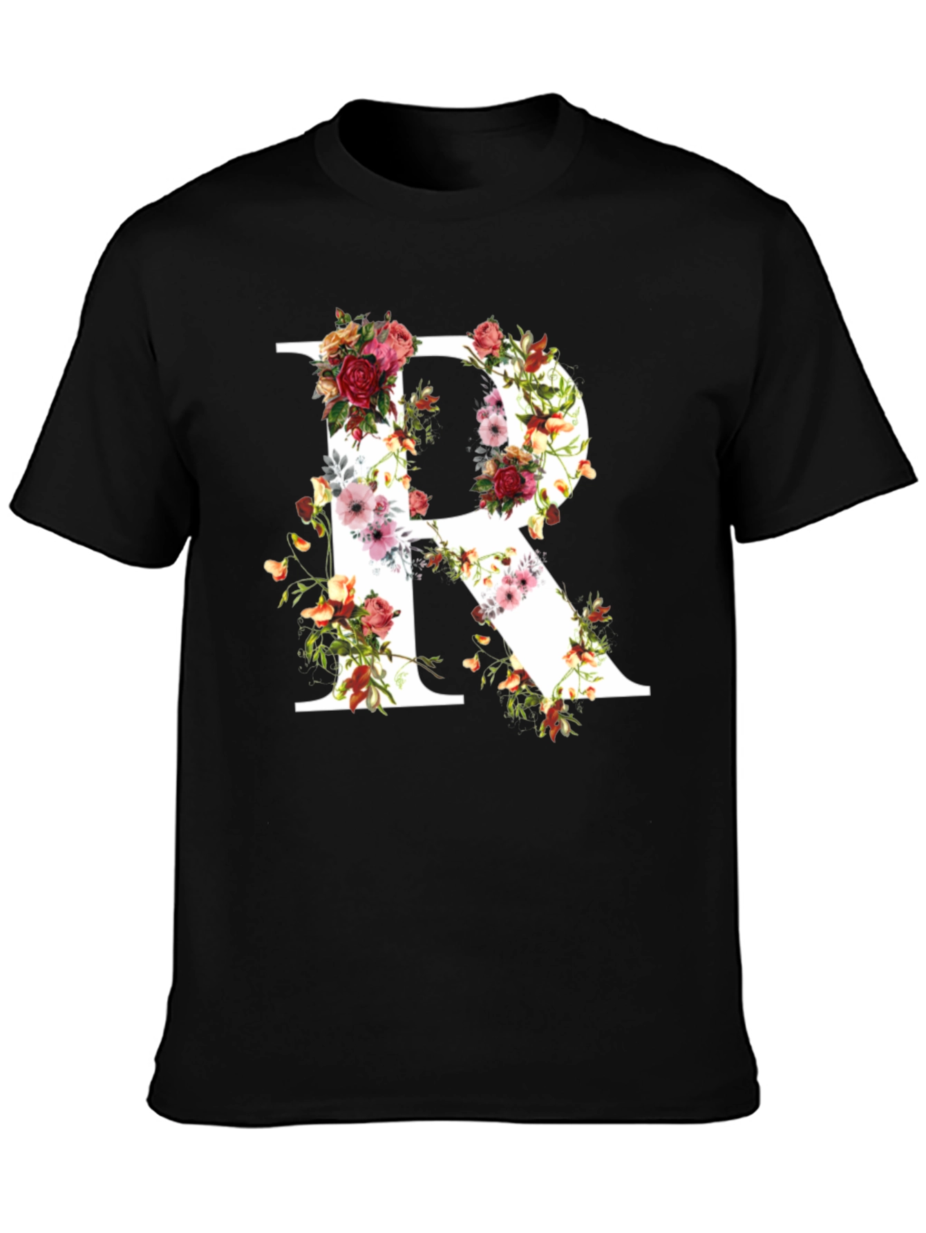 Floral Letter R Black T-Shirt