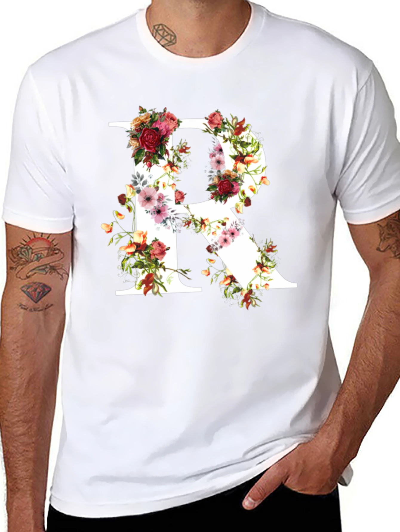 Floral Letter R Black T-Shirt