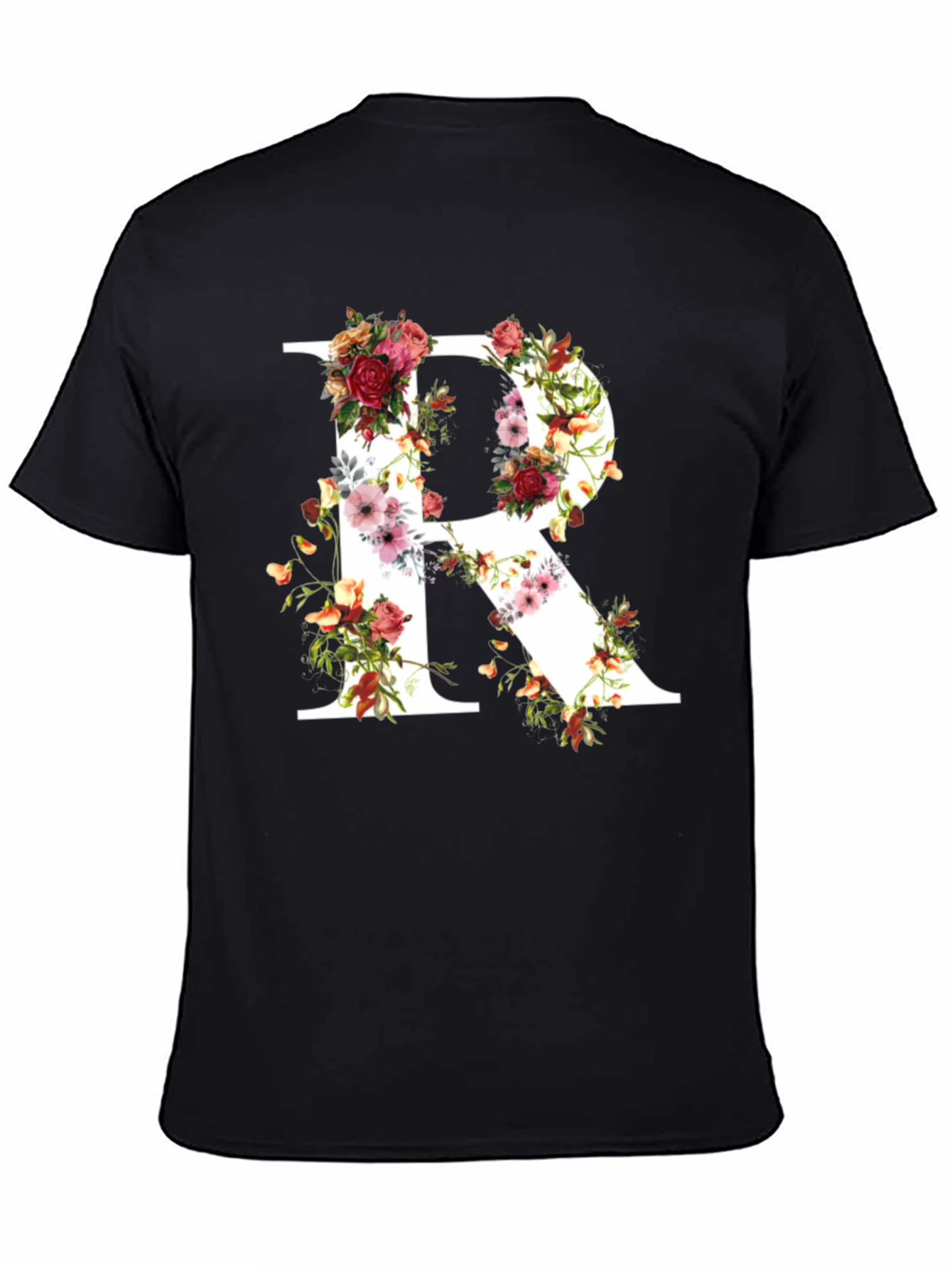 Floral Letter R Black T-Shirt