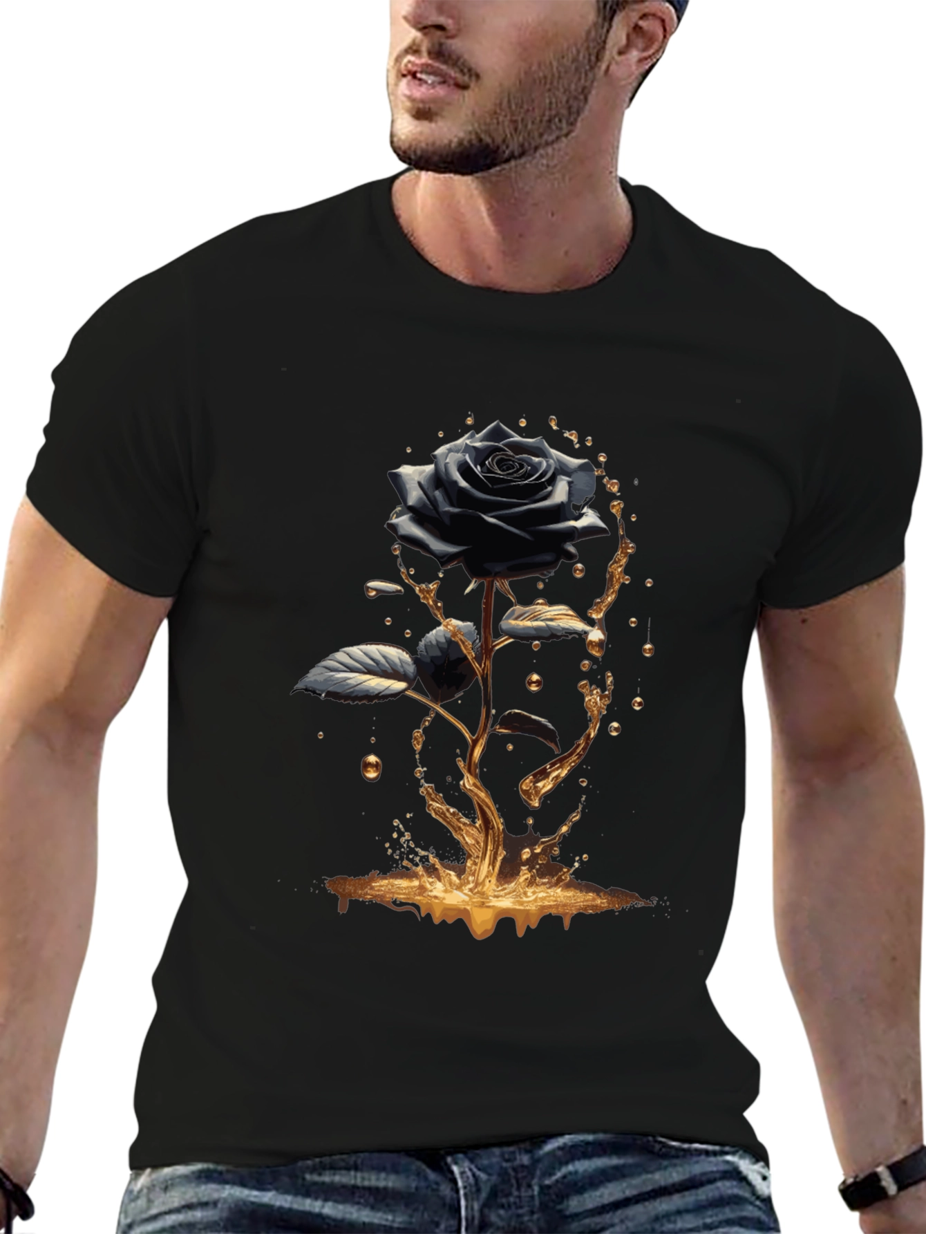 Black Rose Graphic Tee - Elegant Mens T-Shirt