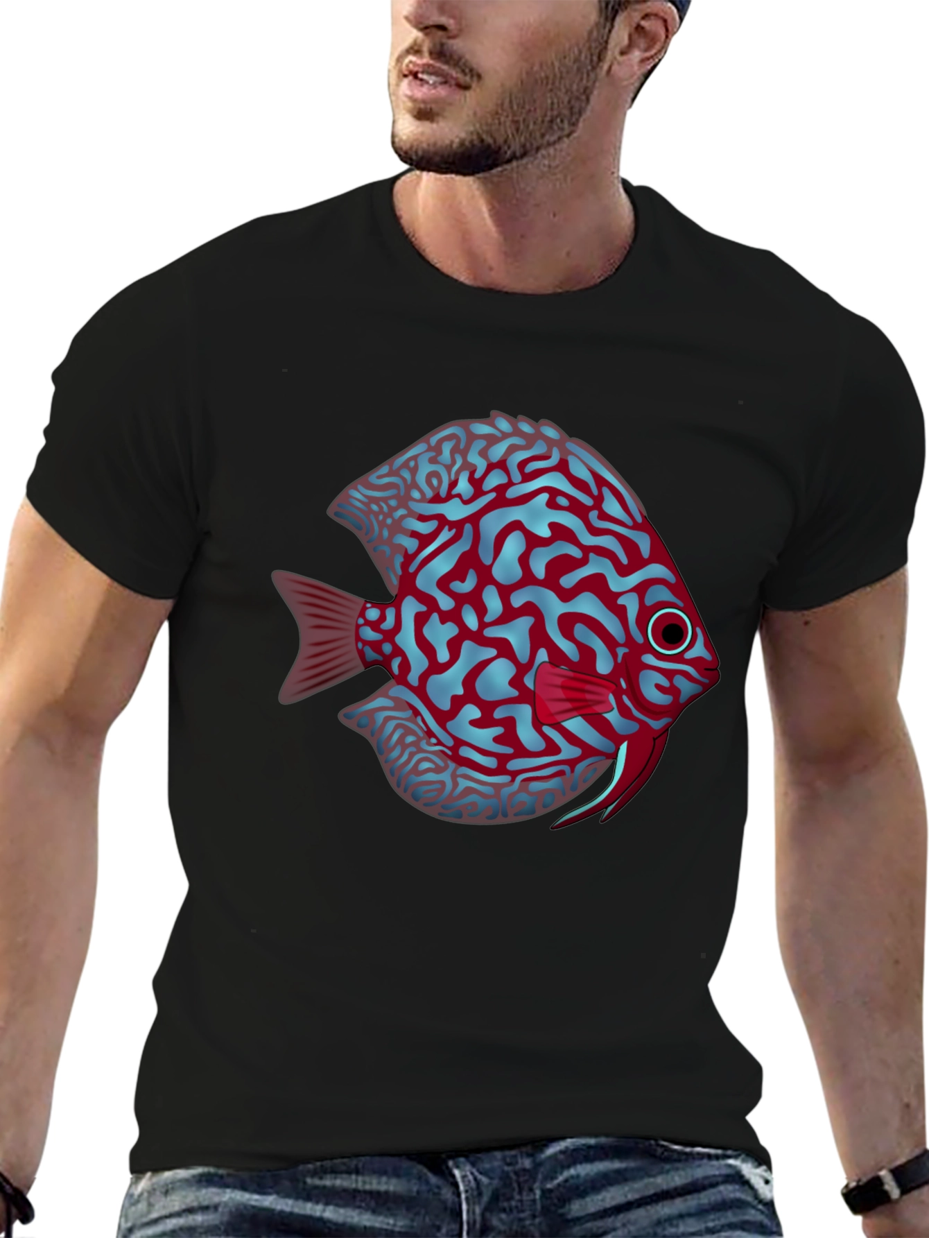 Cool Graphic Fish Print Black Tee