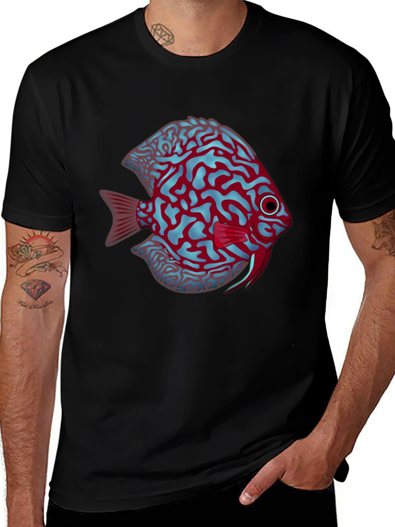 Cool Graphic Fish Print Black Tee