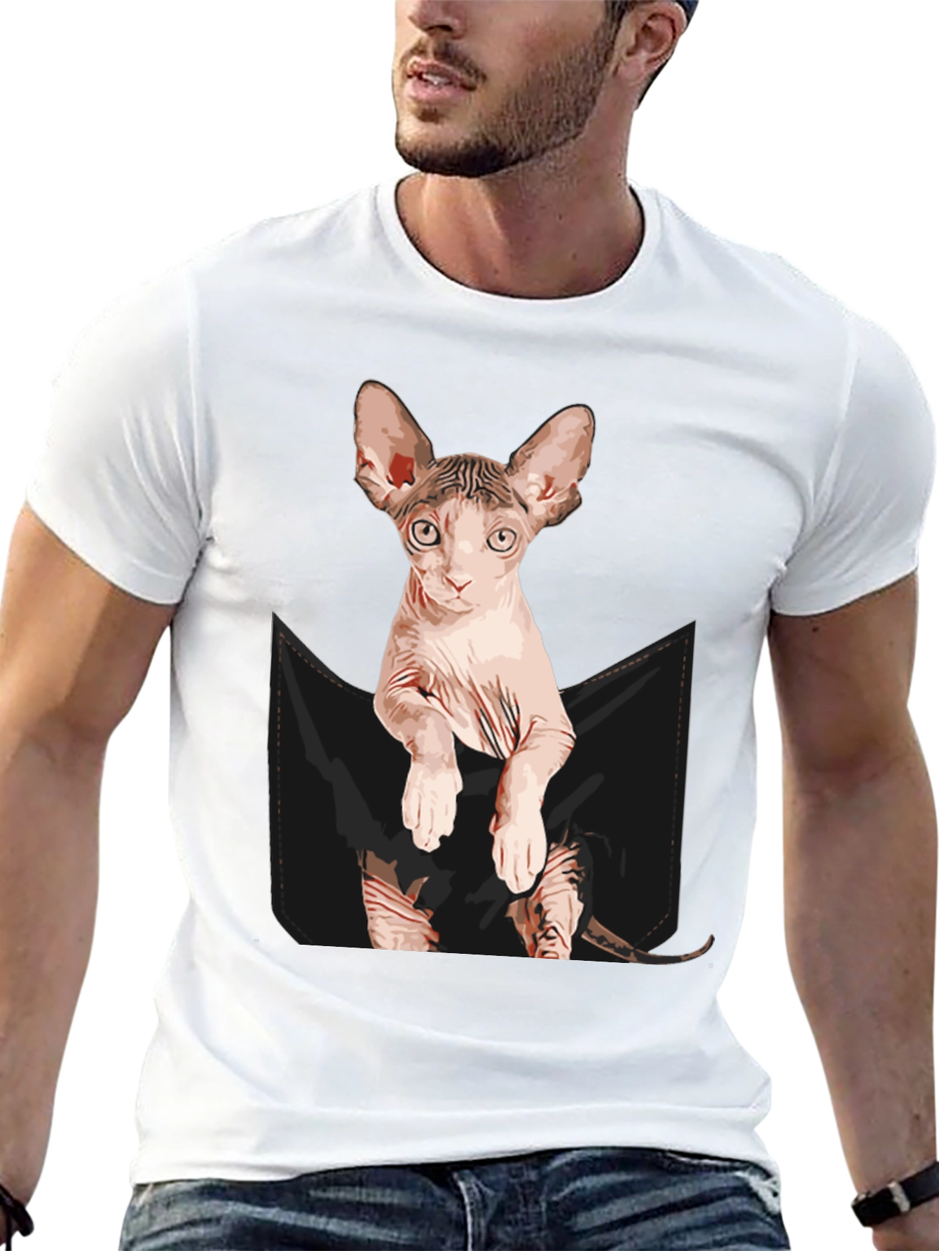 Sphynx Cat Pocket T-Shirt - Quirky Graphic Tee