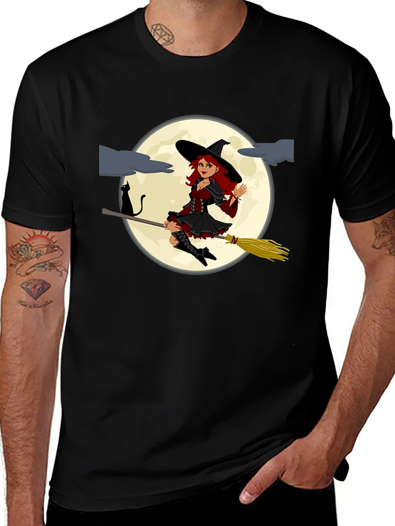 Witch on Broomstick Black T-Shirt