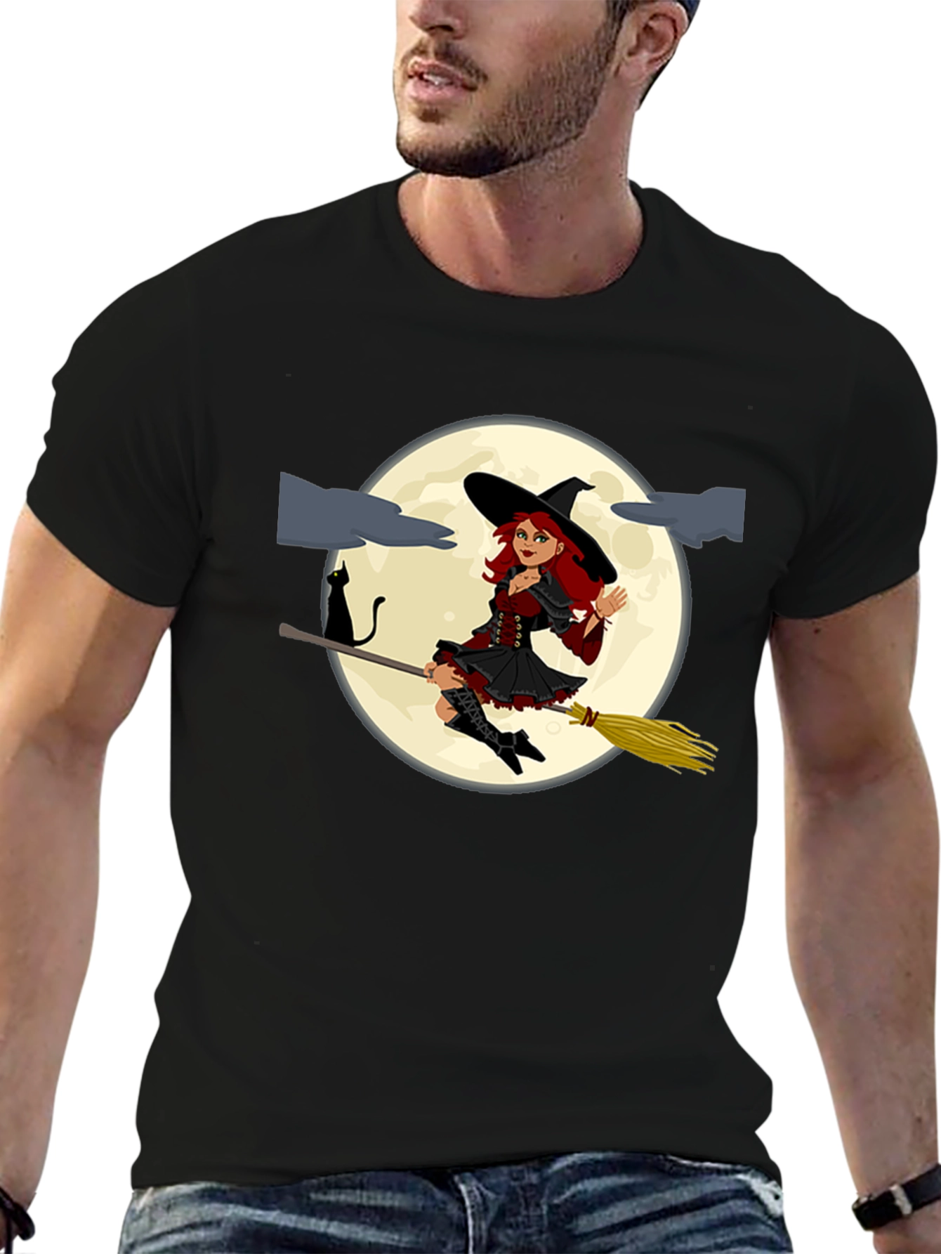 Witch on Broomstick Black T-Shirt
