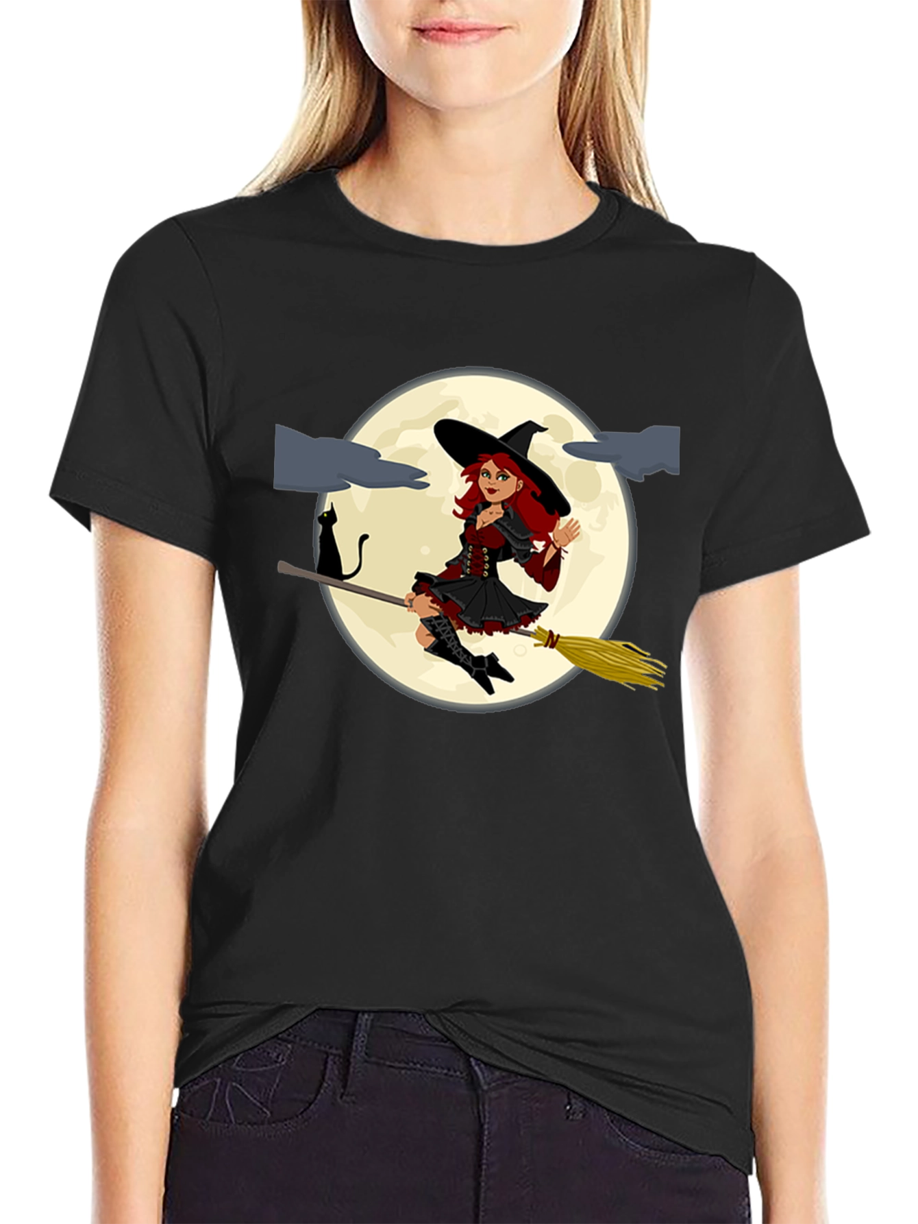 Witch on Broomstick Black T-Shirt