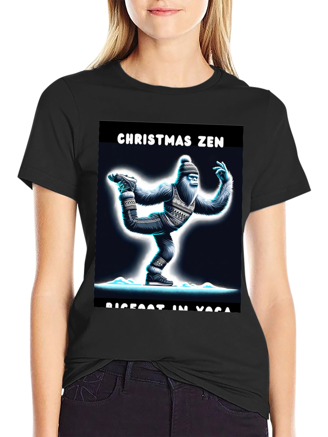 Christmas Zen Bigfoot in Yoga T-Shirt