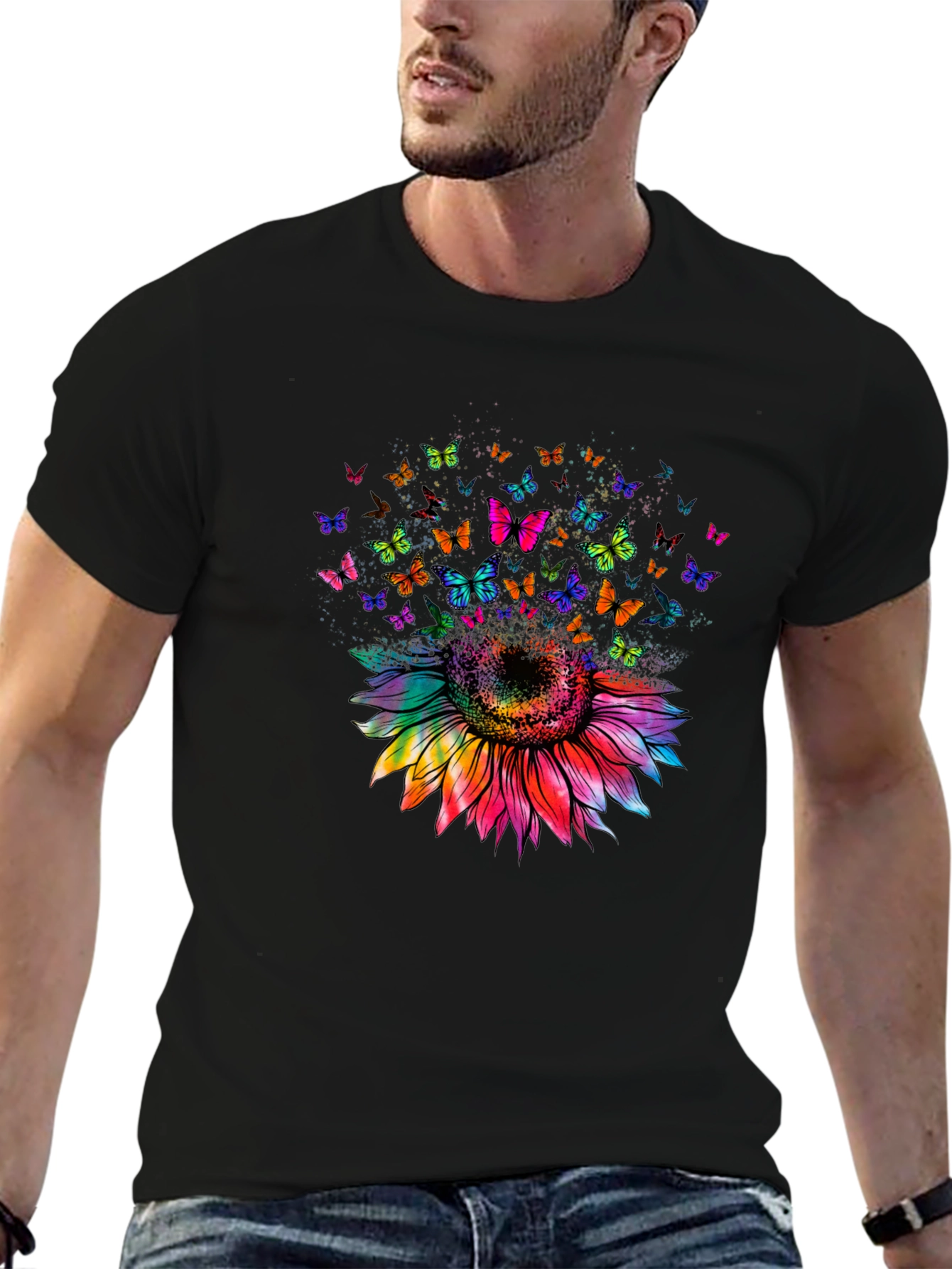 Sunflower Butterfly Graphic Tee - Black Cotton Blend