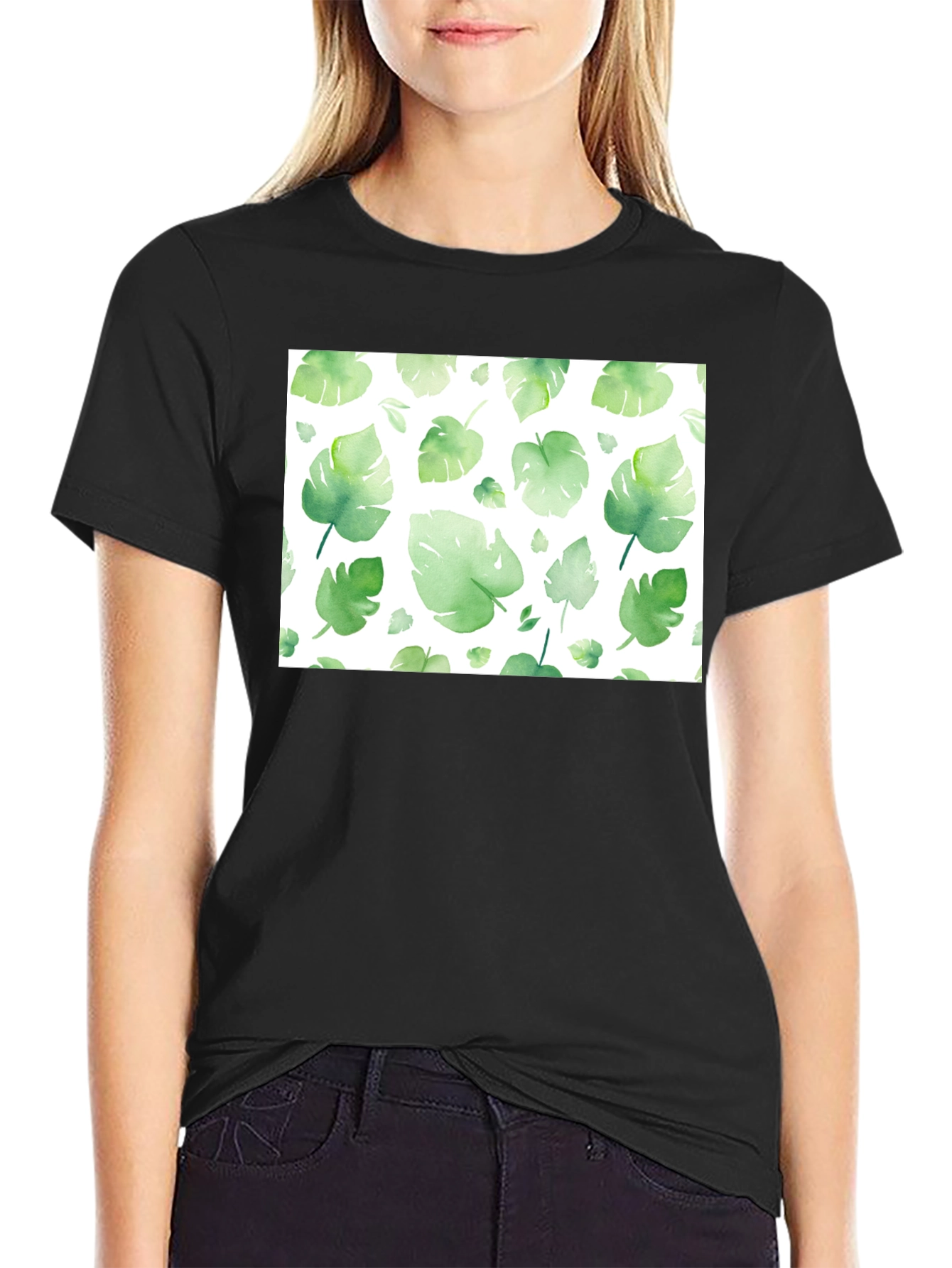 Tropical Leaf Print Black T-Shirt