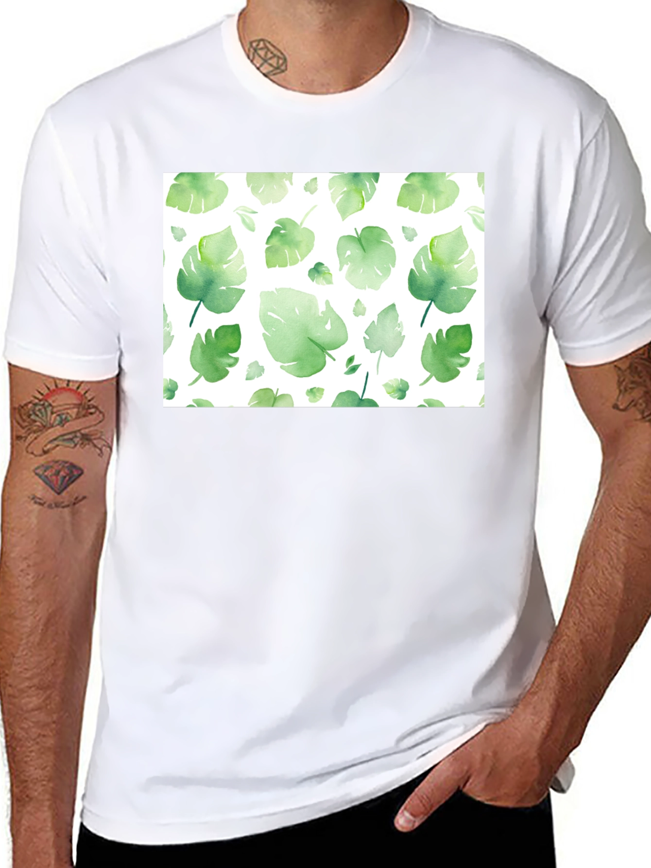 Tropical Leaf Print Black T-Shirt