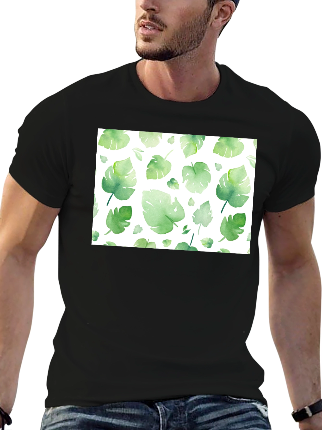 Tropical Leaf Print Black T-Shirt