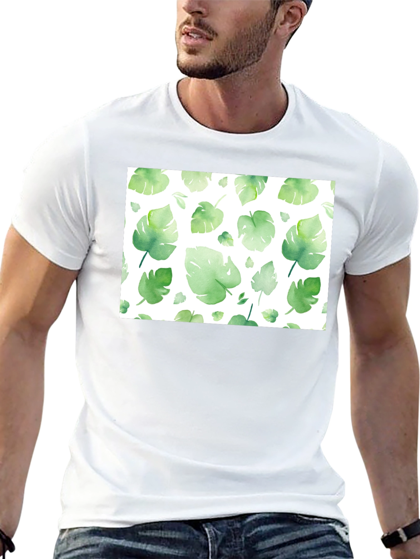 Tropical Leaf Print Black T-Shirt