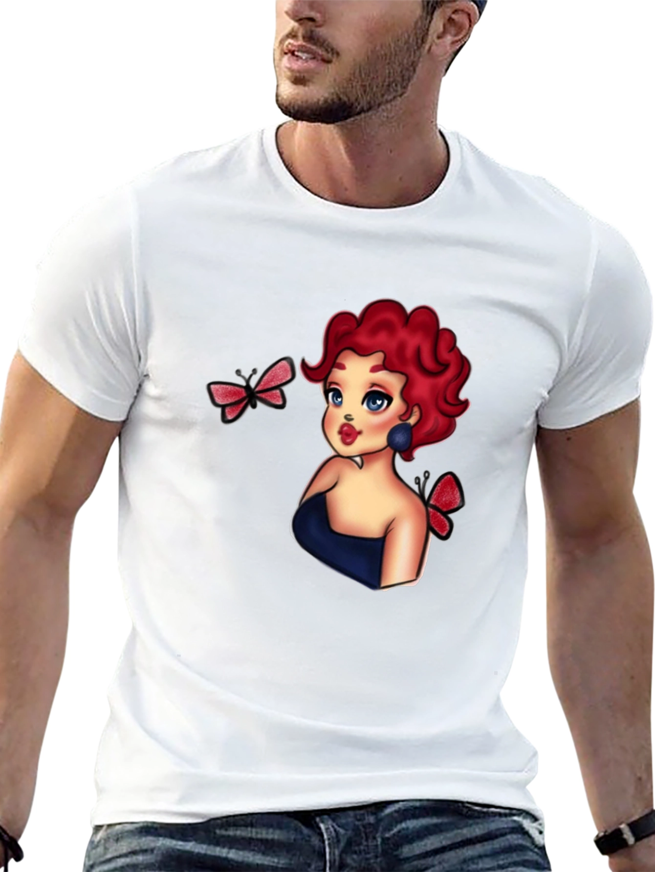 Cartoon Girl & Butterflies Black T-Shirt