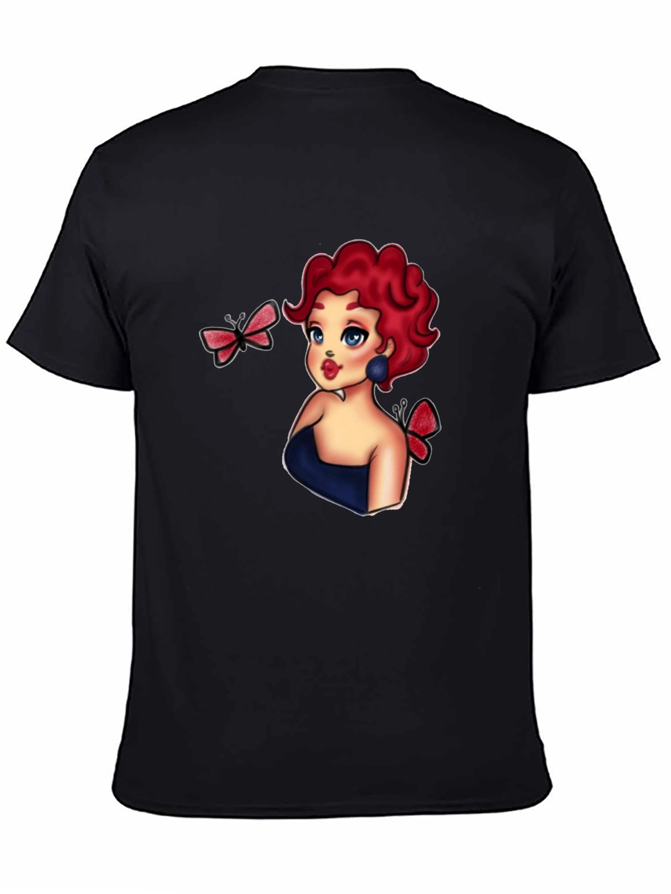 Cartoon Girl & Butterflies Black T-Shirt