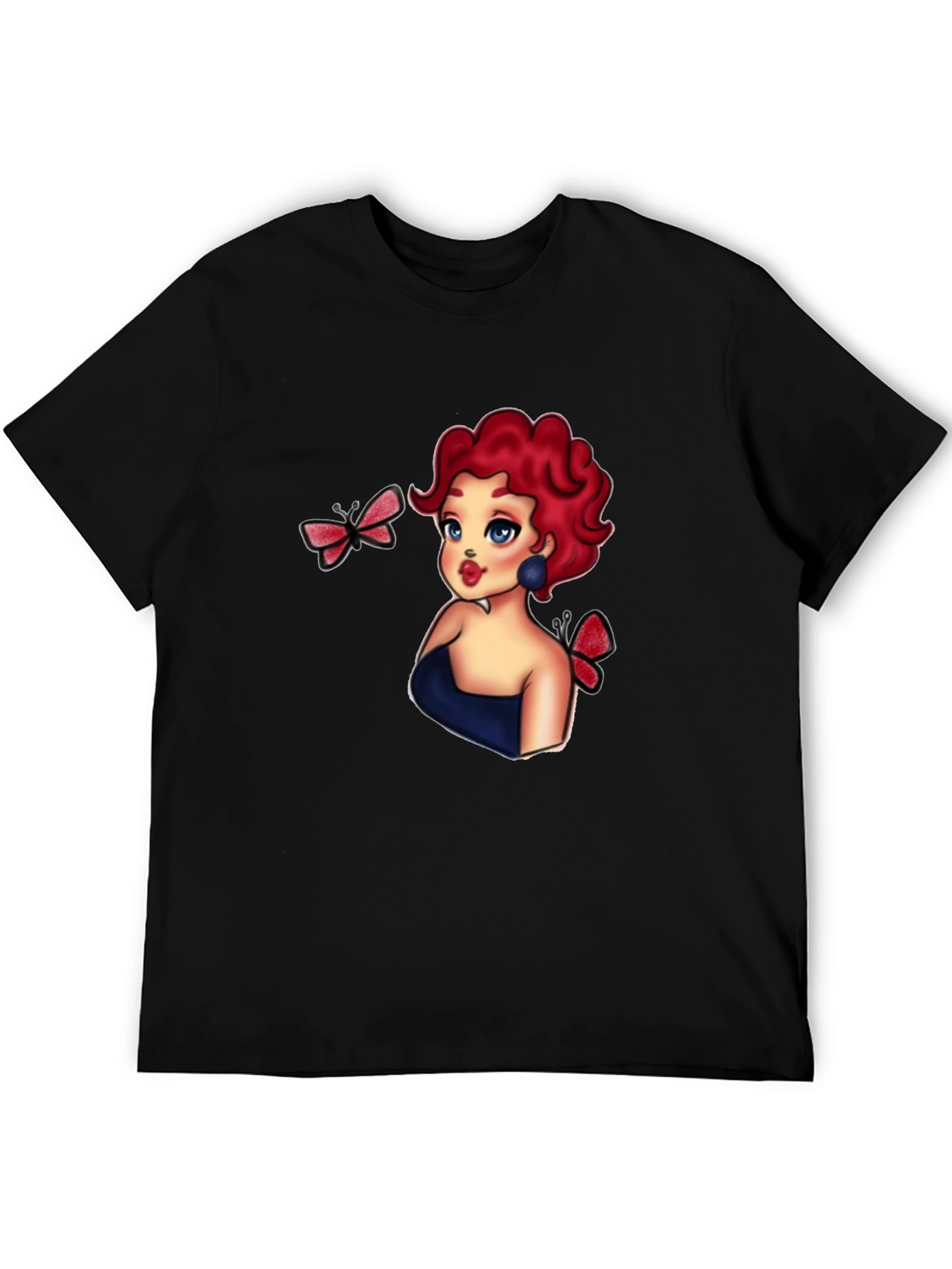 Cartoon Girl & Butterflies Black T-Shirt