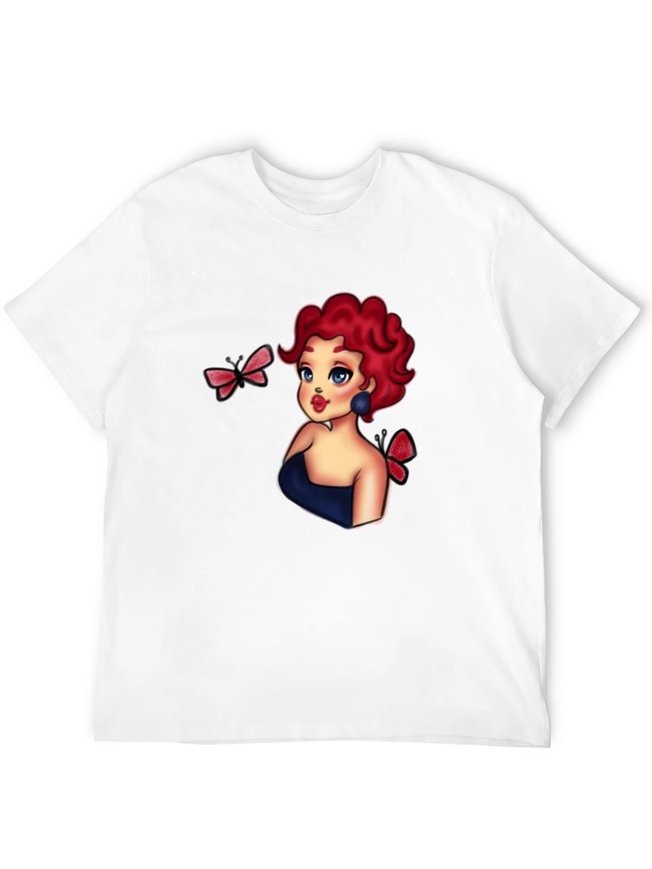 Cartoon Girl & Butterflies Black T-Shirt