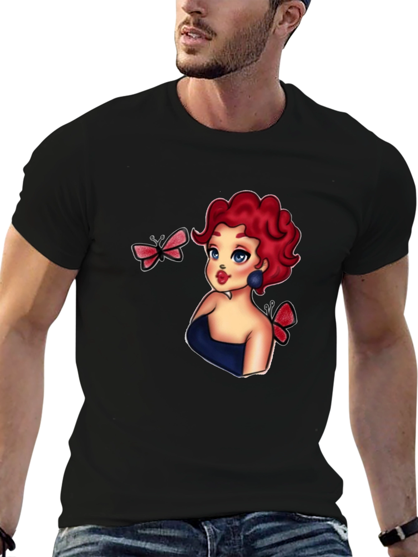 Cartoon Girl & Butterflies Black T-Shirt
