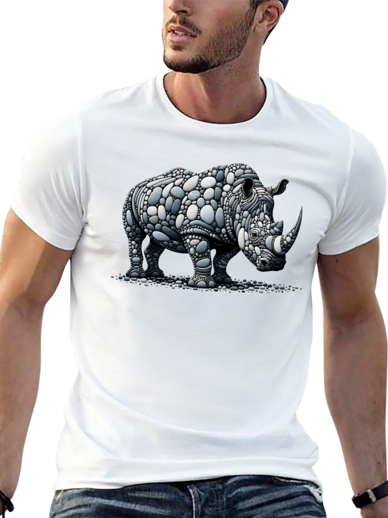 Rhinoceros Stone Art Graphic Black T-Shirt