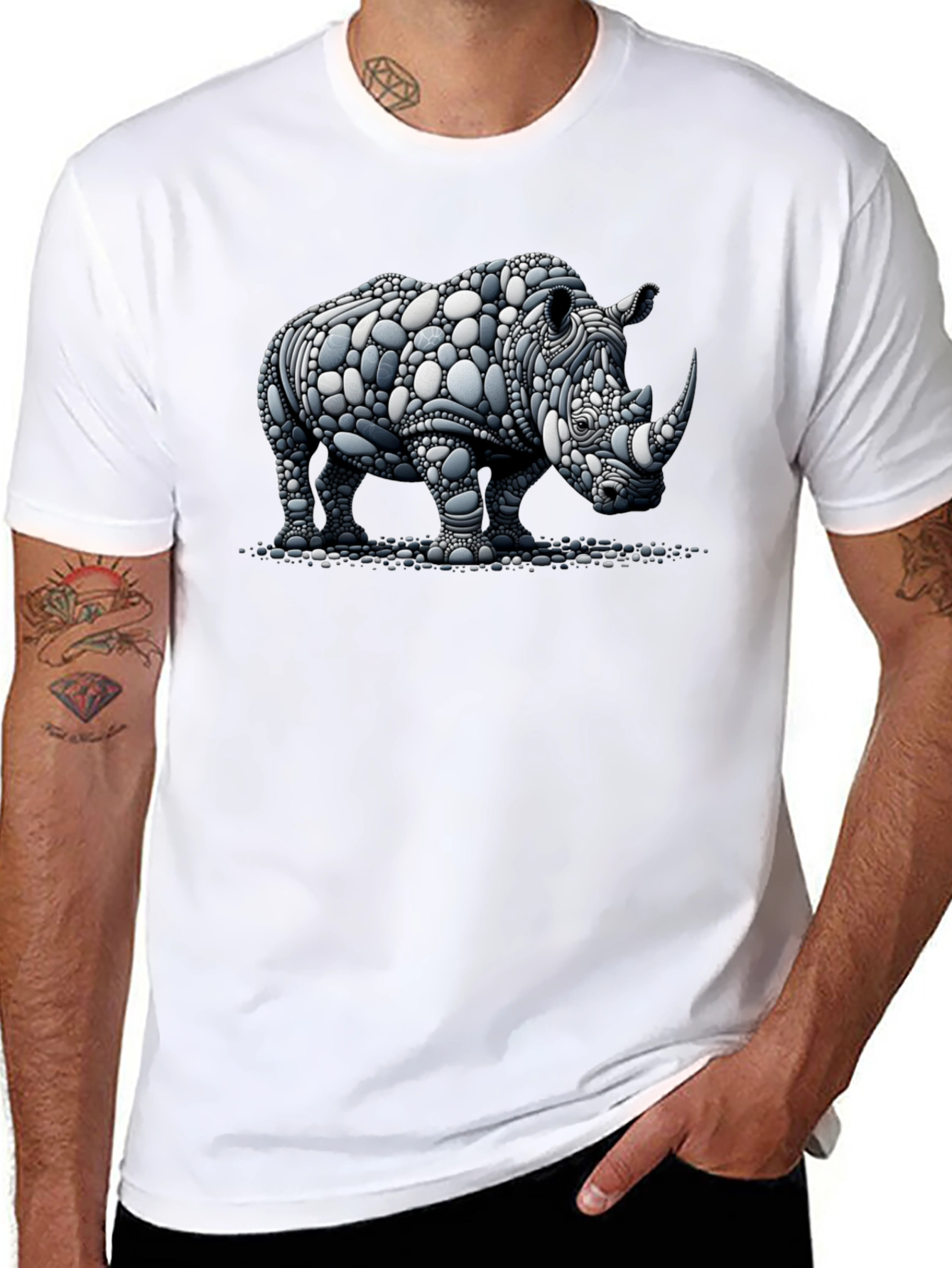 Rhinoceros Stone Art Graphic Black T-Shirt