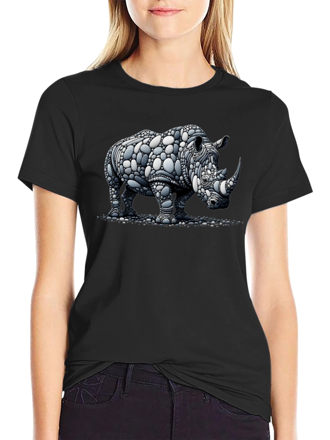Rhinoceros Stone Art Graphic Black T-Shirt