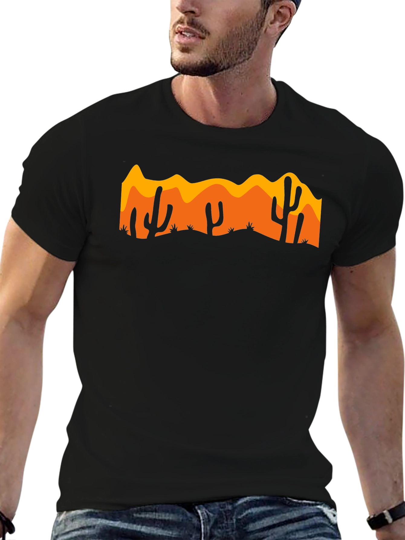 Desert Cactus Graphic Tee - Black Cotton Casual Shirt