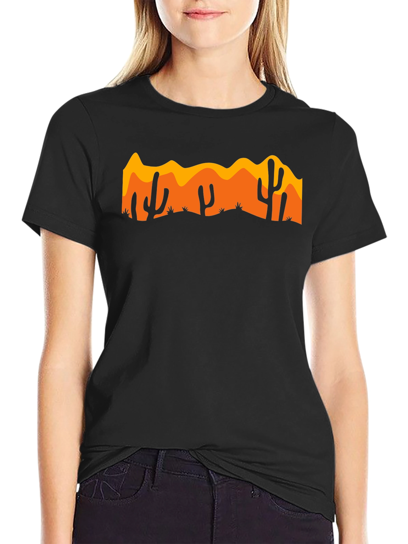 Desert Cactus Graphic Tee - Black Cotton Casual Shirt