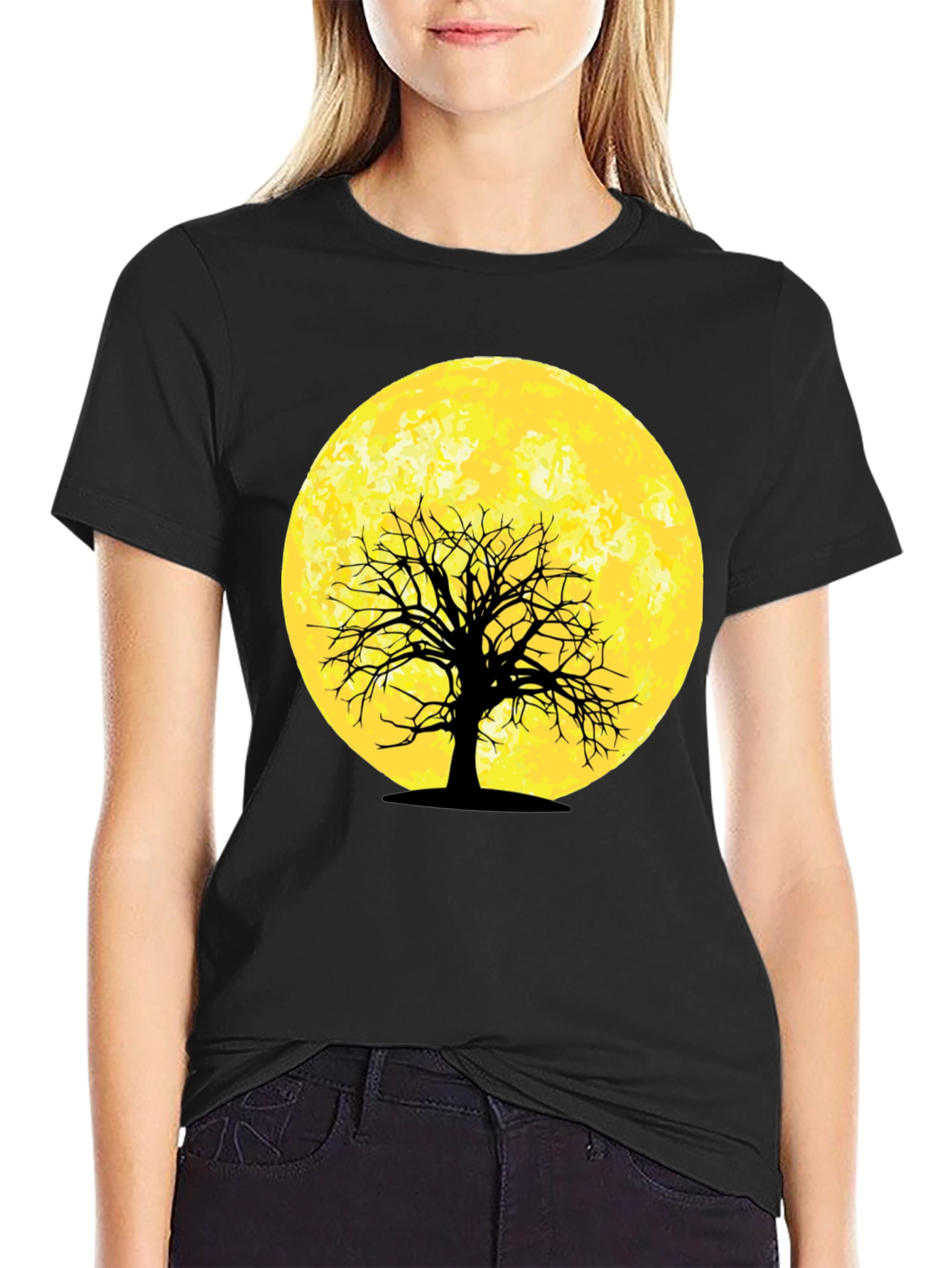 Moonlit Tree Graphic Tee - Black Cotton T-Shirt